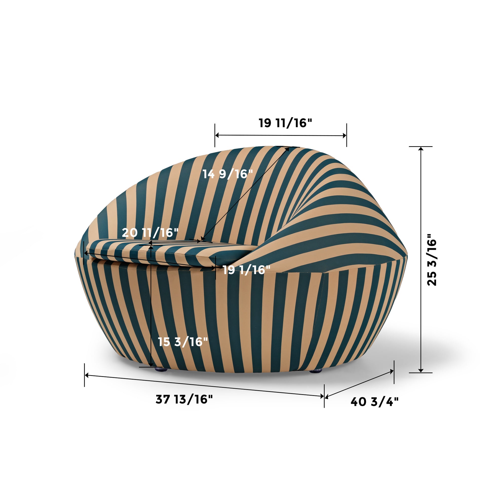 Modern Lounge Chair With Teal and Beige Stripes, Showcasing Ergonomic Design and Dimensions, for Comfort and Style.