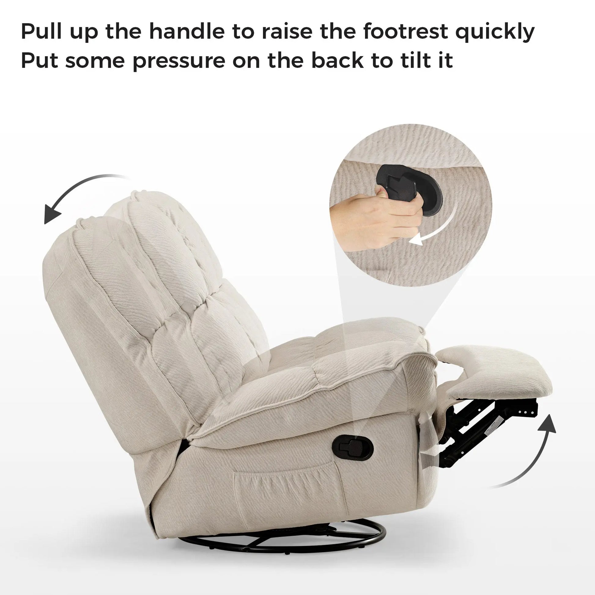 Grayson Manual Recliner Chair, Showcasing How to Operate Footrest and Tilt Mechanism, in Beige Chenille Fabric.