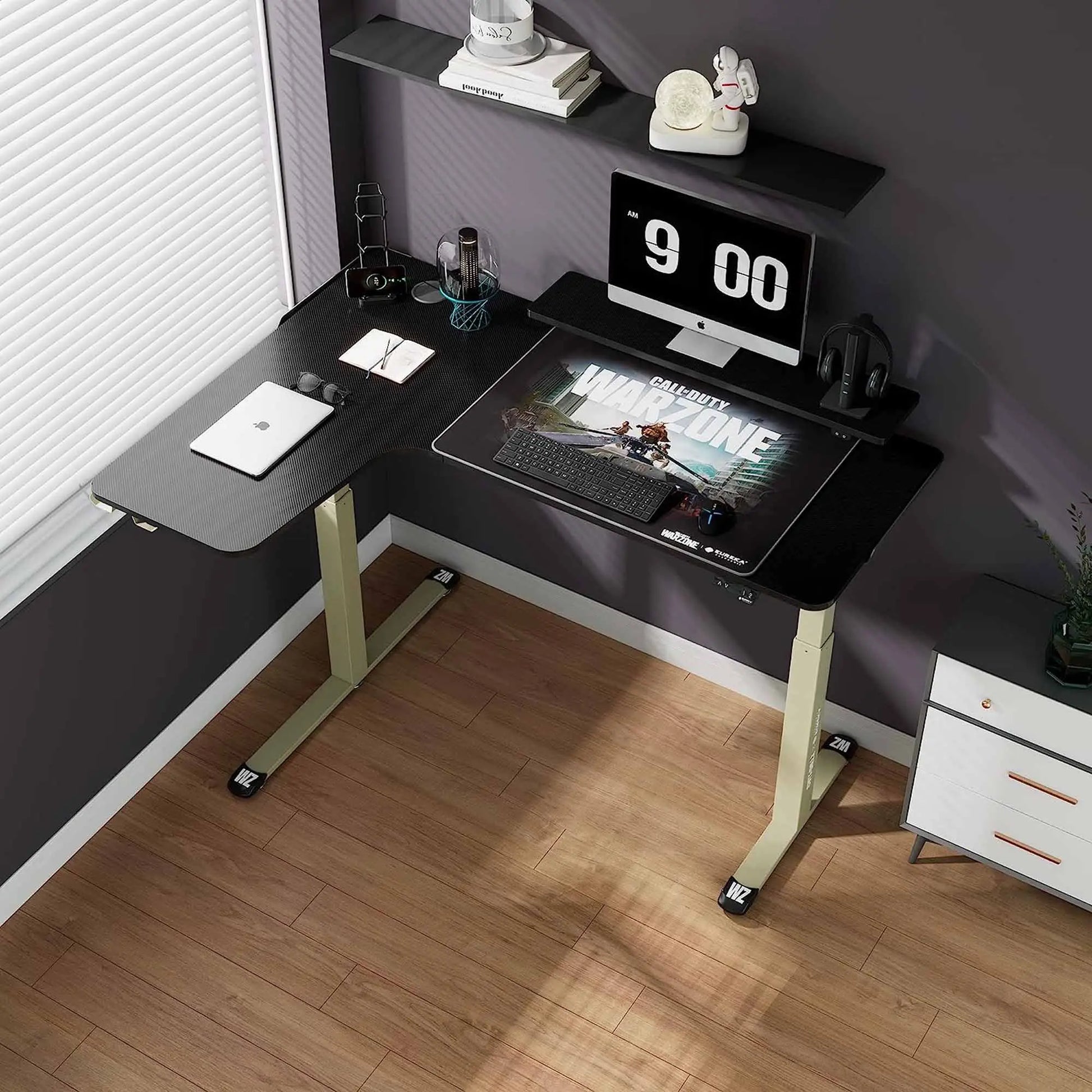 Eureka Ergonomic Call of Duty L-shaped standing gaming desk with Warzone mousepad, keyboard, computer, carbon fiber, gold legs.
