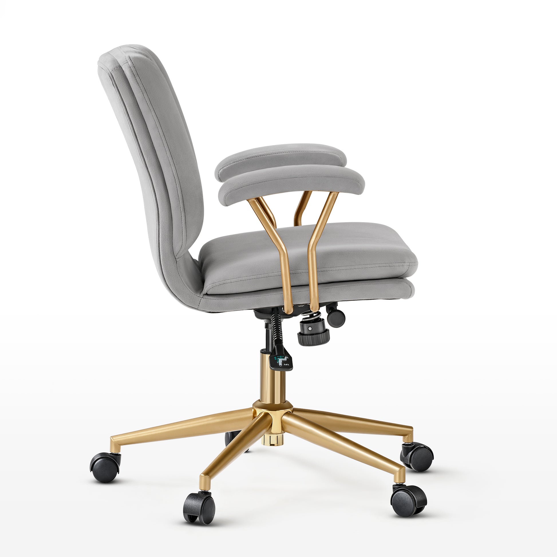 Adena Velvet Office Chair in Gray With Gold Base and Armrests. Modern Office Chair With Tilt Feature.