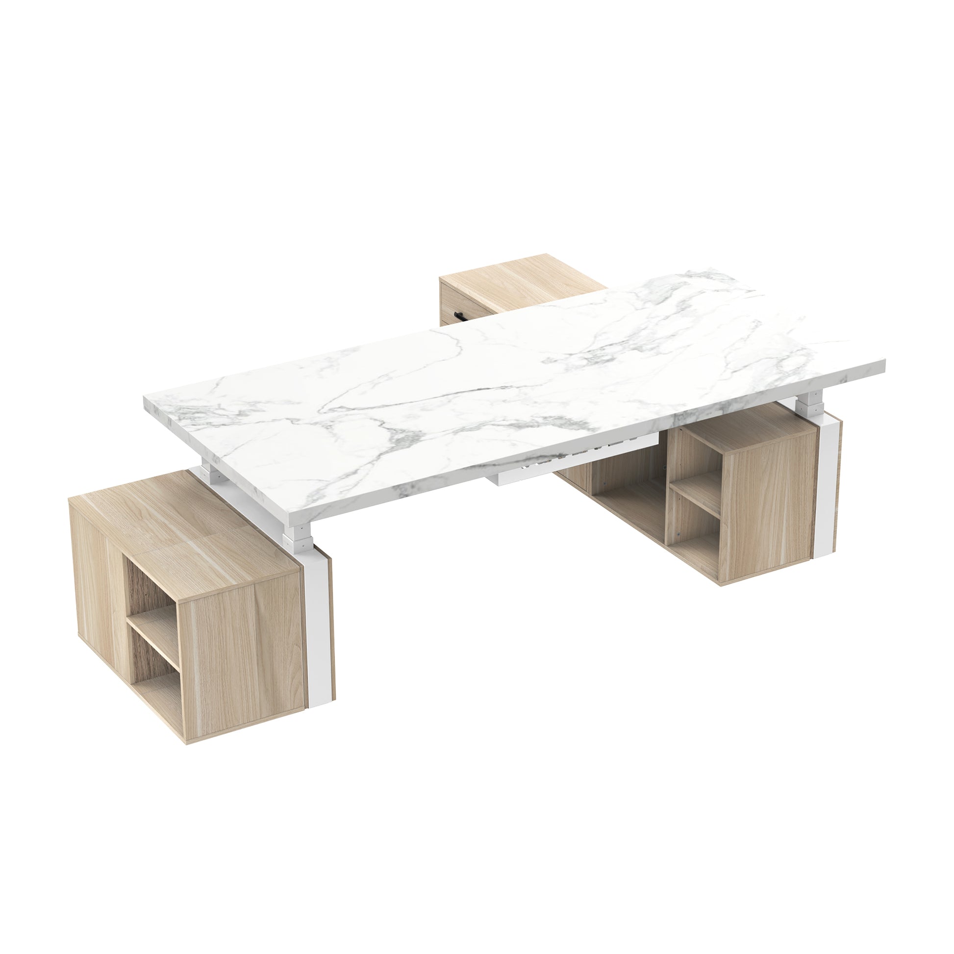 Eureka Ergonomic Zen Pro Executive Standing Desk With White Marble Top and Wood Cabinets,Overlooking.