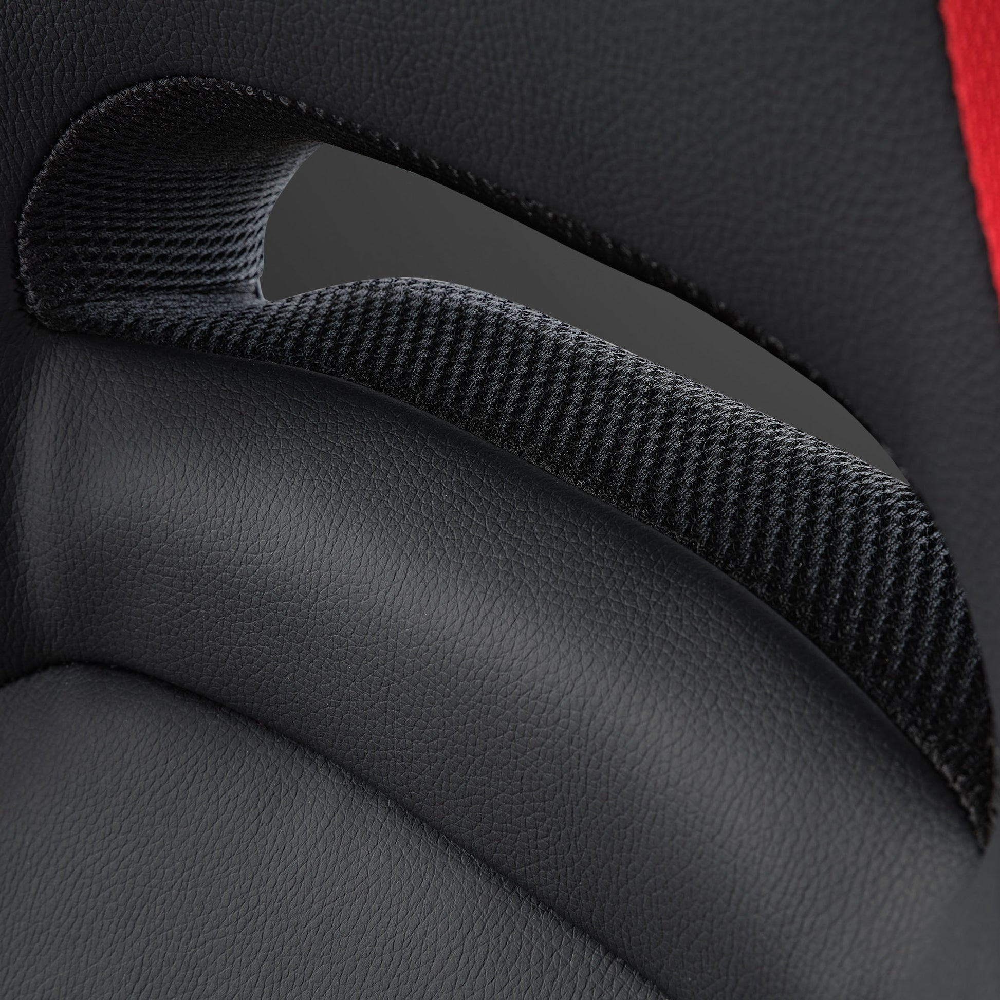 Eureka Ergonomic Vortex Gaming Chair Detail: Black Pu Leather, Mesh Handle, and Red Accent.