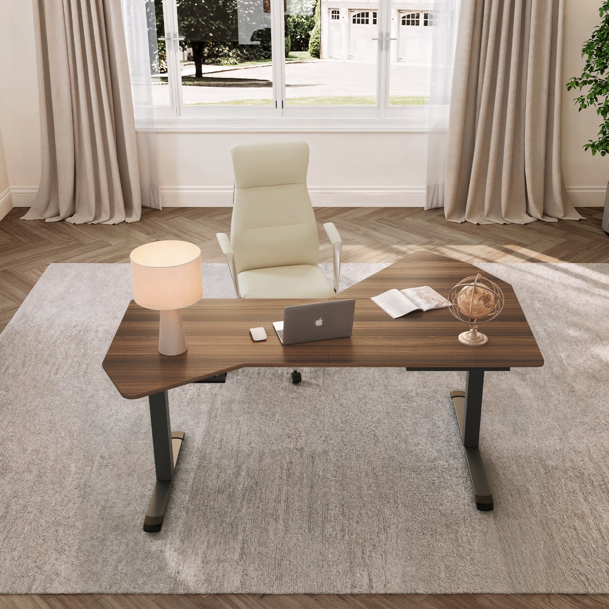 Modern Ergonomic Office Standing Desk With Dark Wood Grain Finish, Ideal for Home Office.