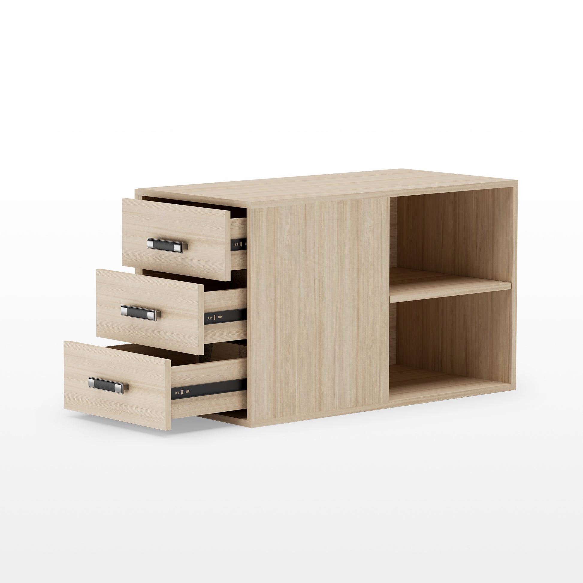 Zen Pro Executive Desk Cabinet With Drawers and Open Shelves, Light Wood Finish.