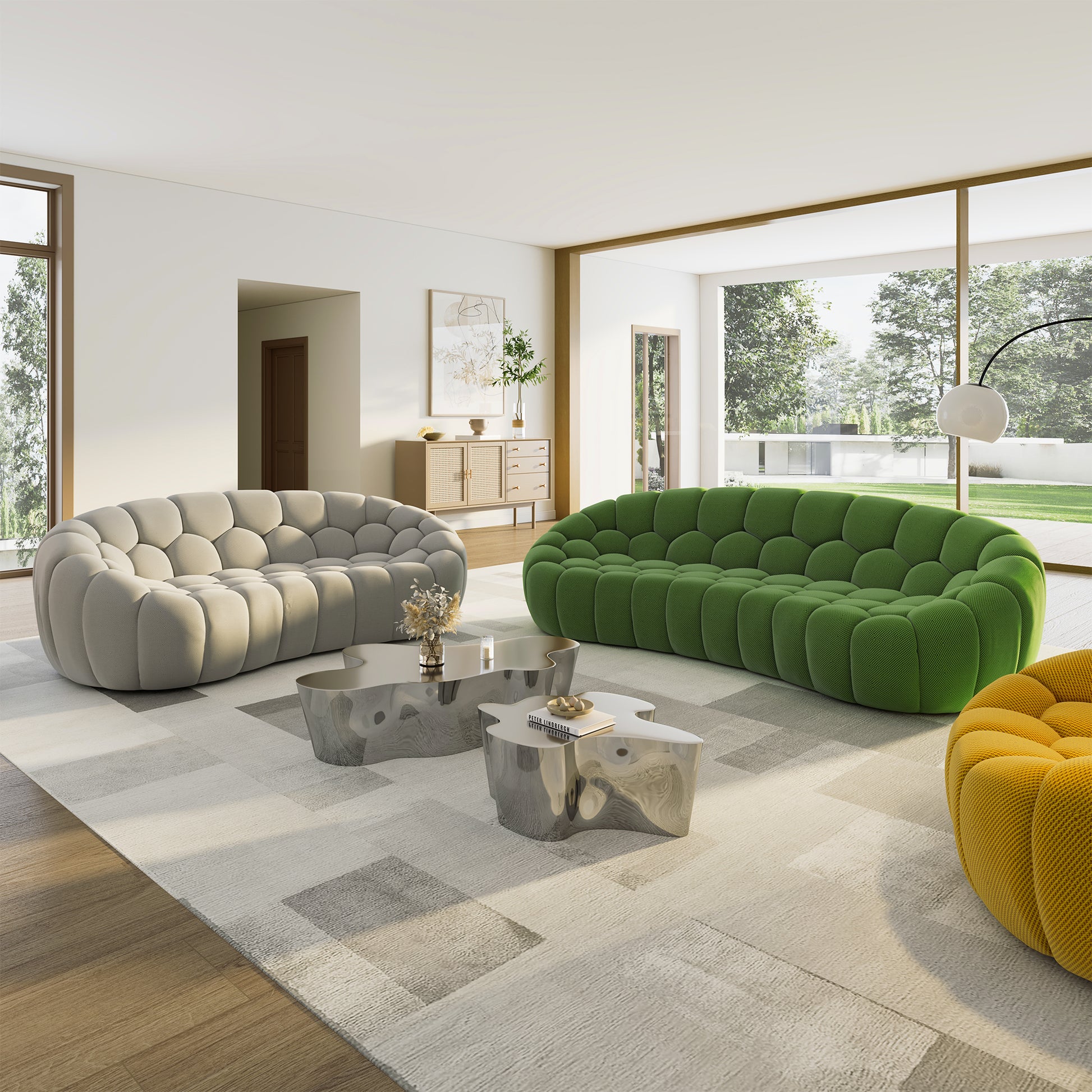 Luca Modern Green 3-Seater Bubble Sofa in a Bright Living Room Setting.