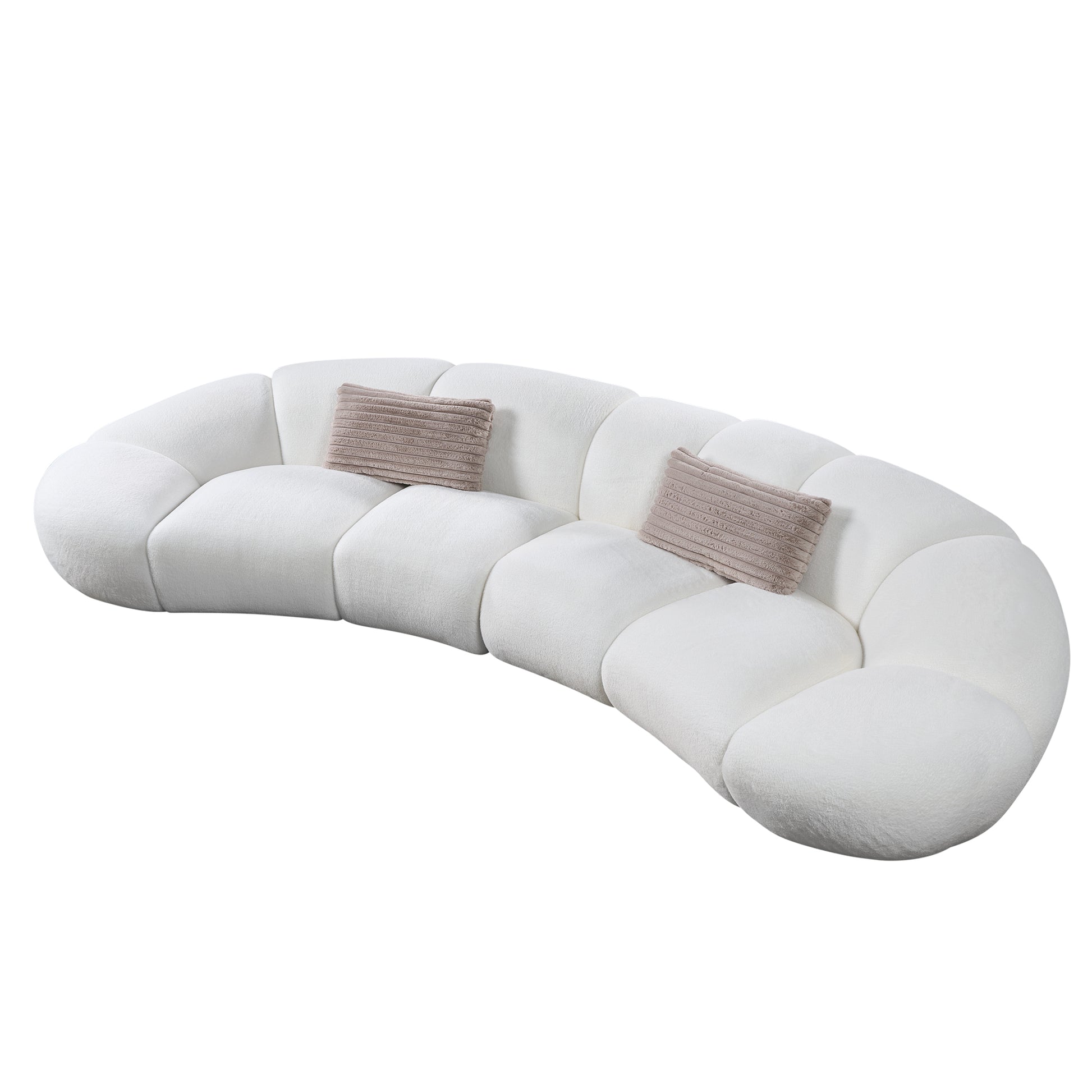 Adele Modern Curved Sofa in White Plush Fabric With Beige Pillows, Comfortable Living Room Sofa.