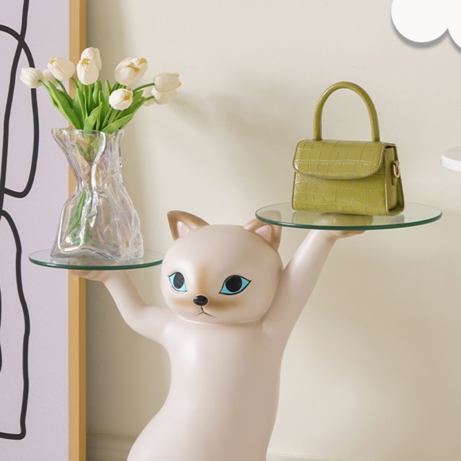 Enchanting Cat Side Table With Glass Trays, Holding Handbag and Flowers, a Stylish Home Decor.