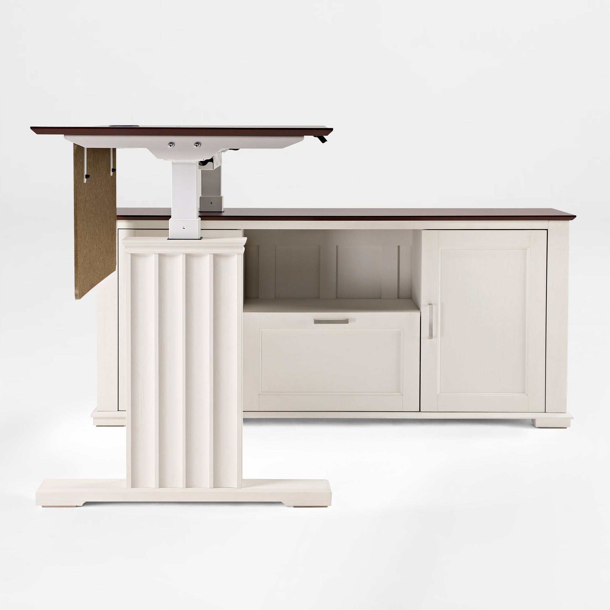 Eureka Ergonomic Ark ES Executive Standing Desk, 60x26, mahogany top, cream cabinet, fluted legs, partially raised.