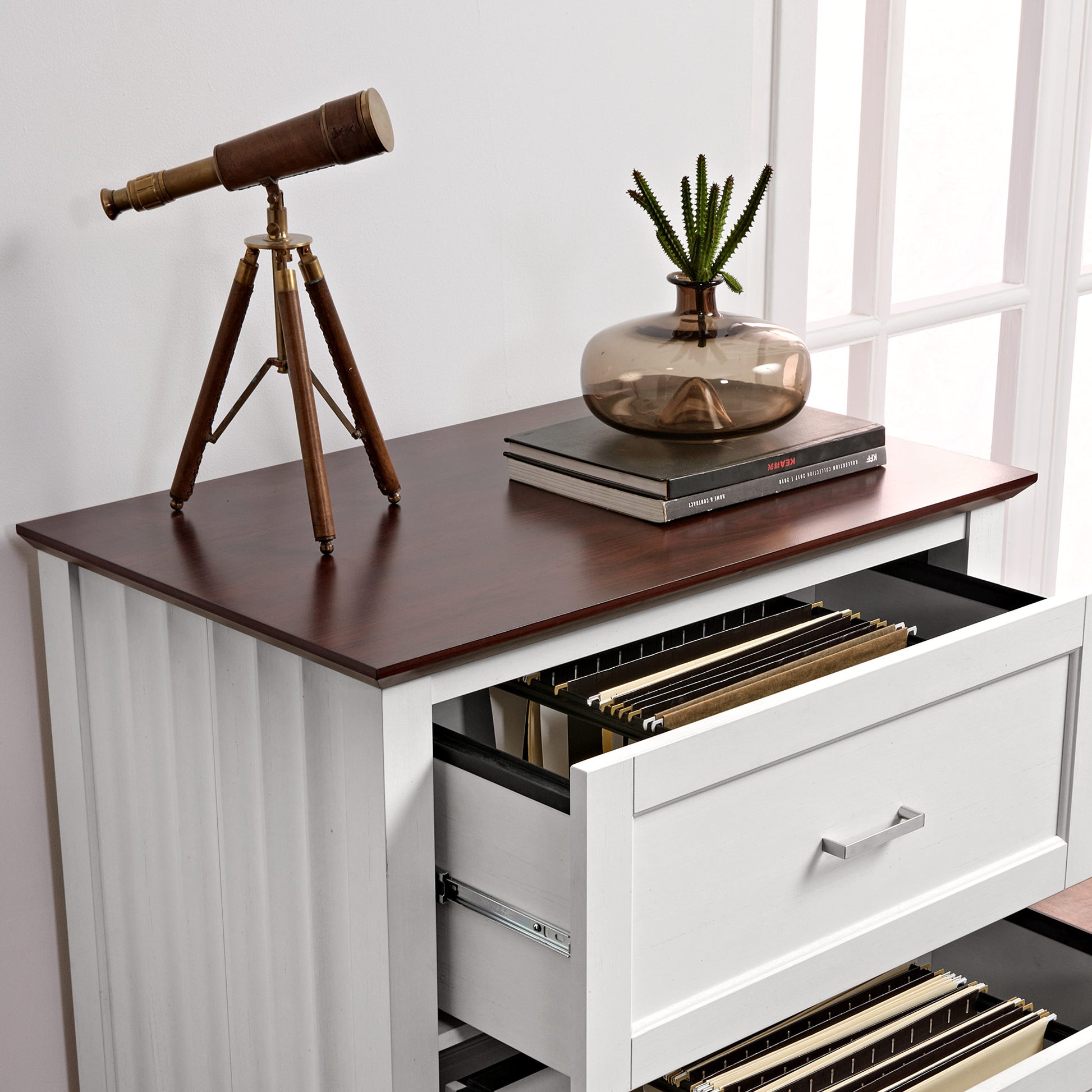 Ark Es 29 File Cabinet in Home Office, White With Brown Top, Dual-Tone Design, Showcasing File Storage.