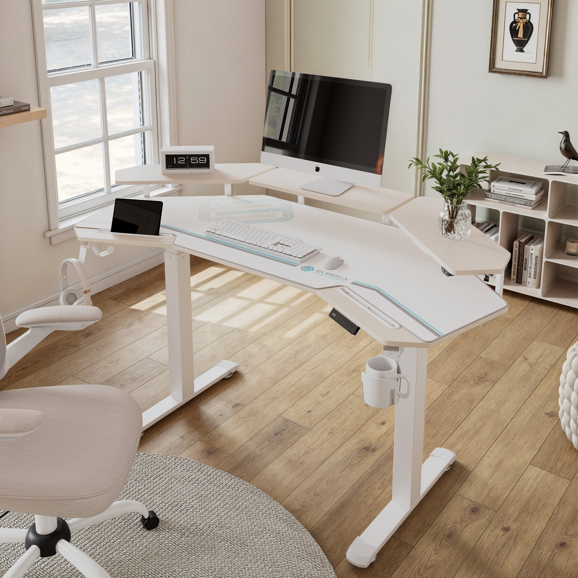 Eureka Ergonomic Aero Pro White Standing Desk With Wood Accents and Accessories in a Home Office Setup.