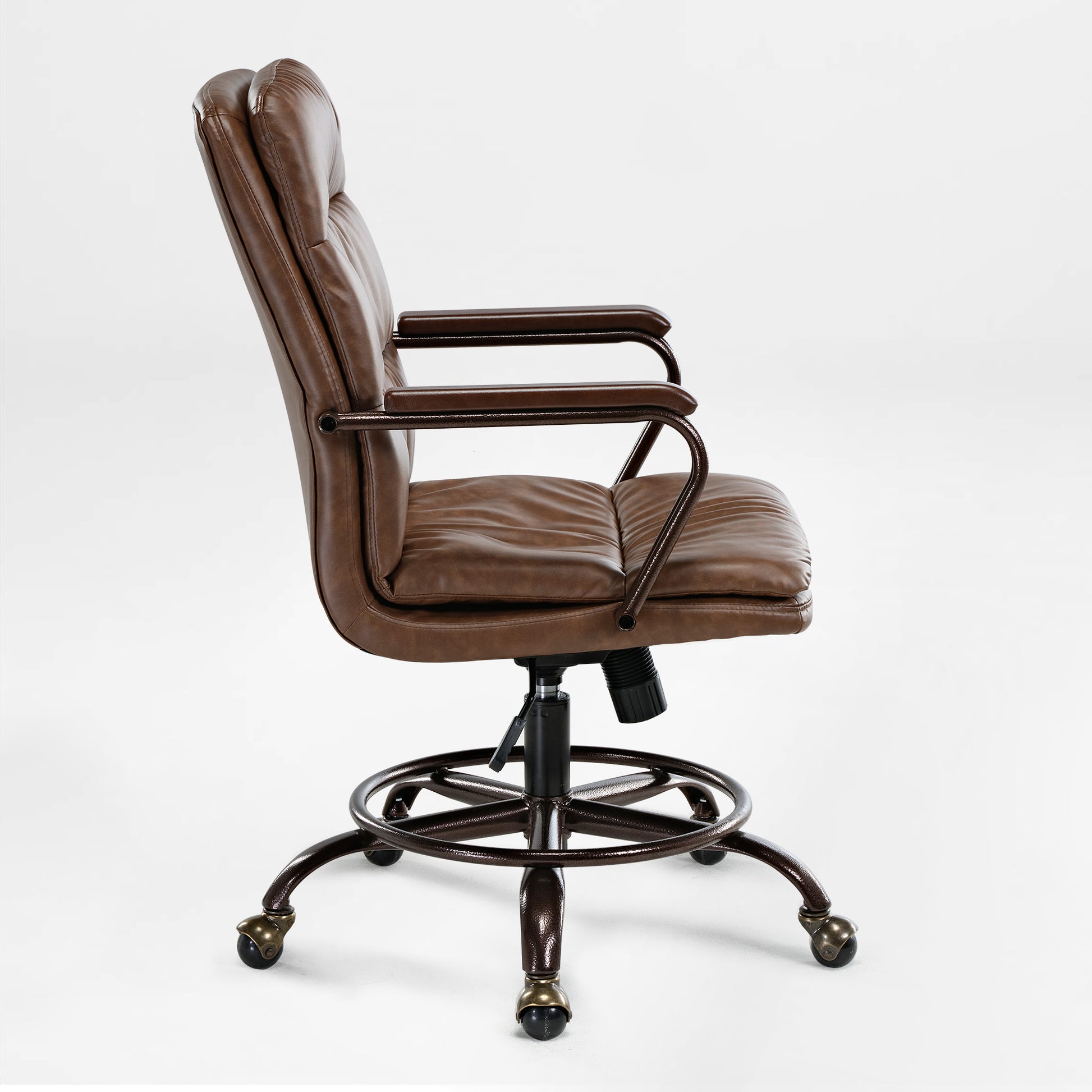 Regal Pu Leather Home Office Chair, Brown Ergonomic Design With Bronze Accents, Mid-Century Workspace Furniture.