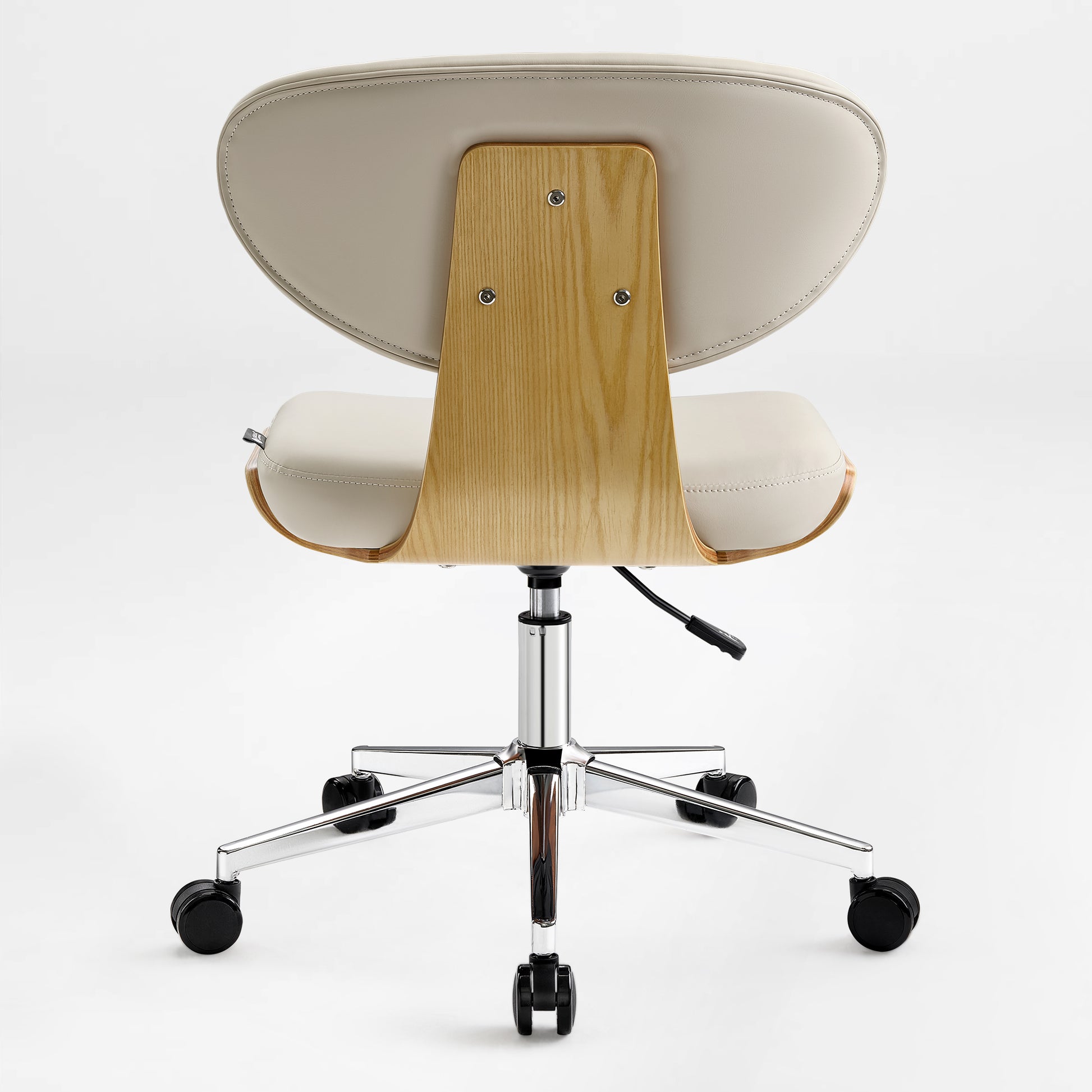 Eureka Ergonomic Off-white faux leather office chair, light wood veneer shell, chrome base, casters, stitching. White background.