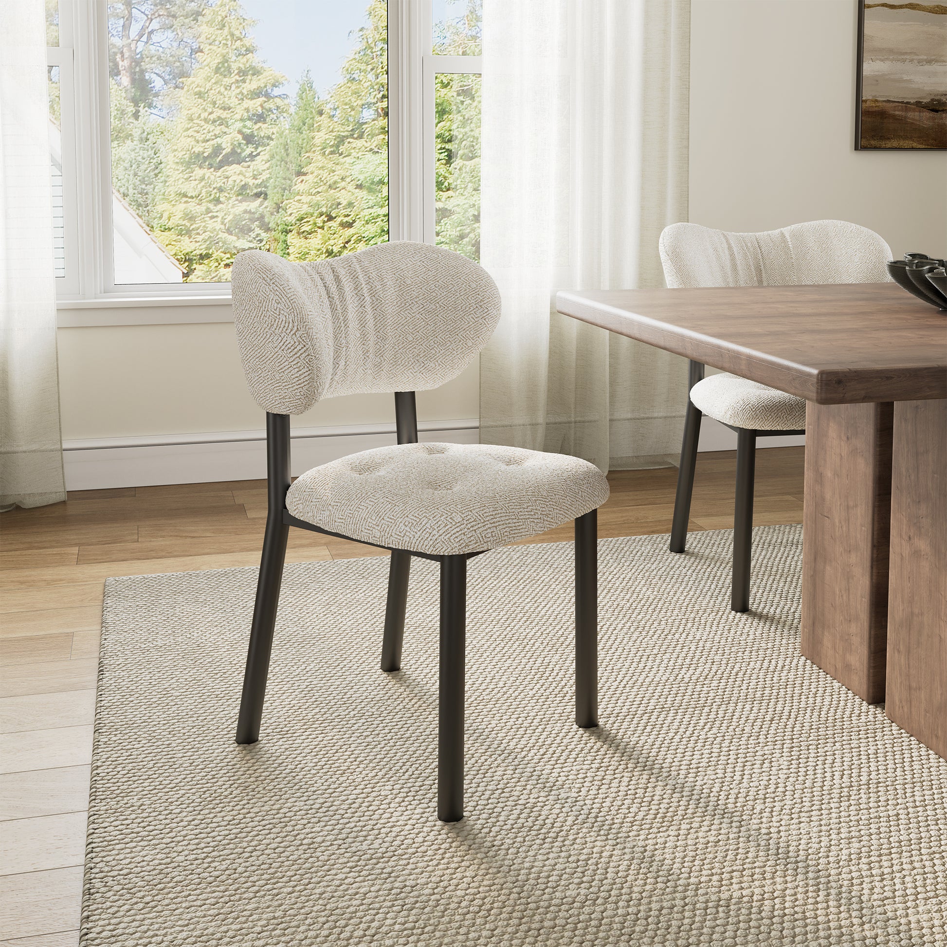 Nibbles Dining Chairs Set in Modern Dining Room With White Geometric Fabric and Dark Legs.