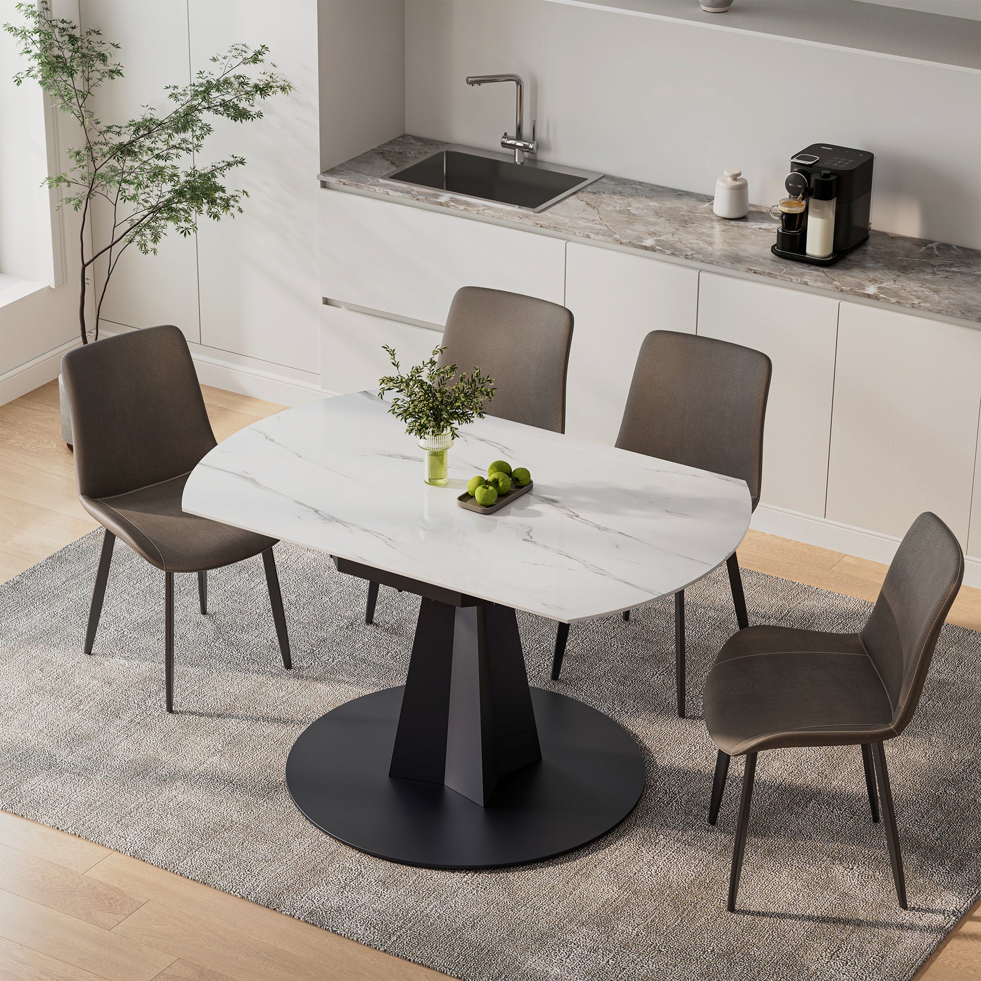 53 inch White Round Extending Dining Table with Black Base, Lifestyle Image