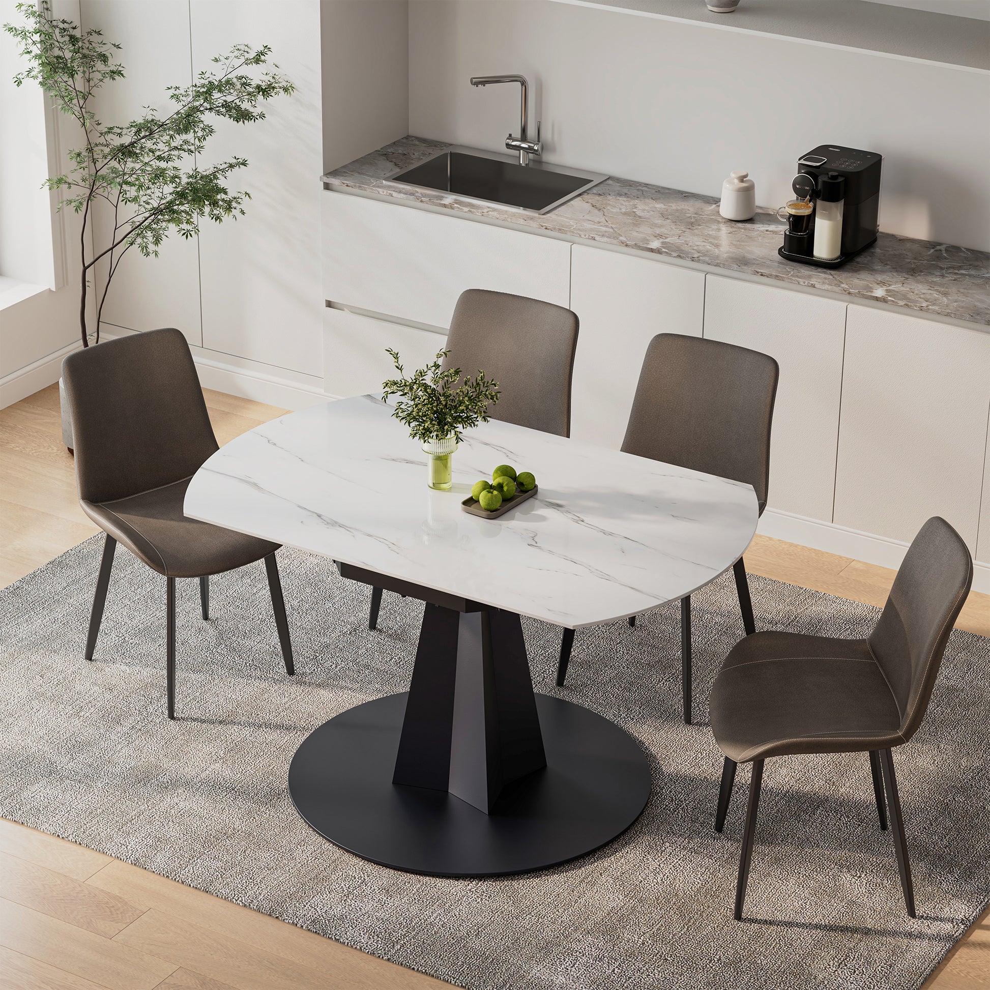 Amelia Round Extending Dining Table With White Top and Black Base, With Gray Chairs, Modern Dining.