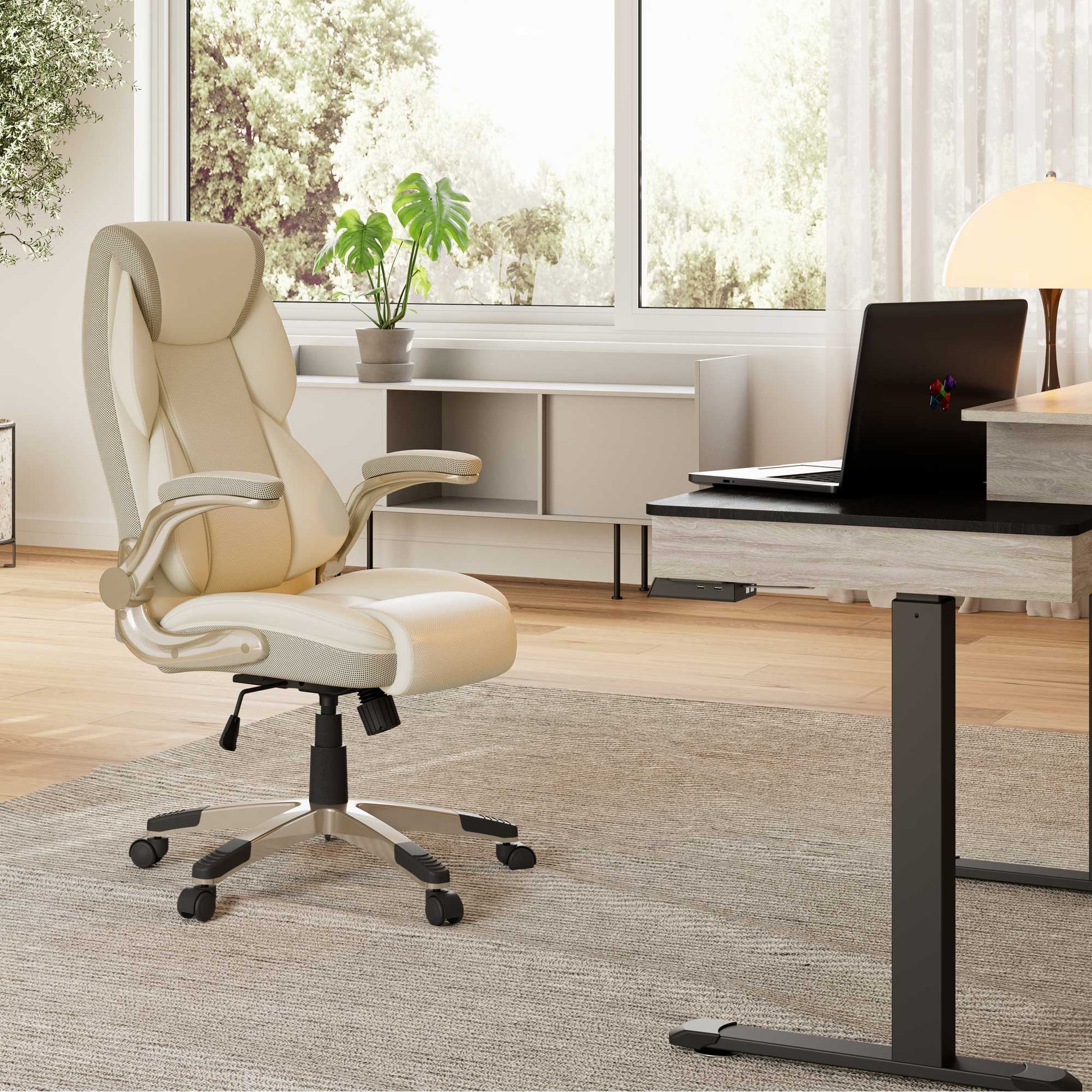 Galene, Home Office Chair, Off-White, Lifestyle Image on rug pictured with two drawer standing desk