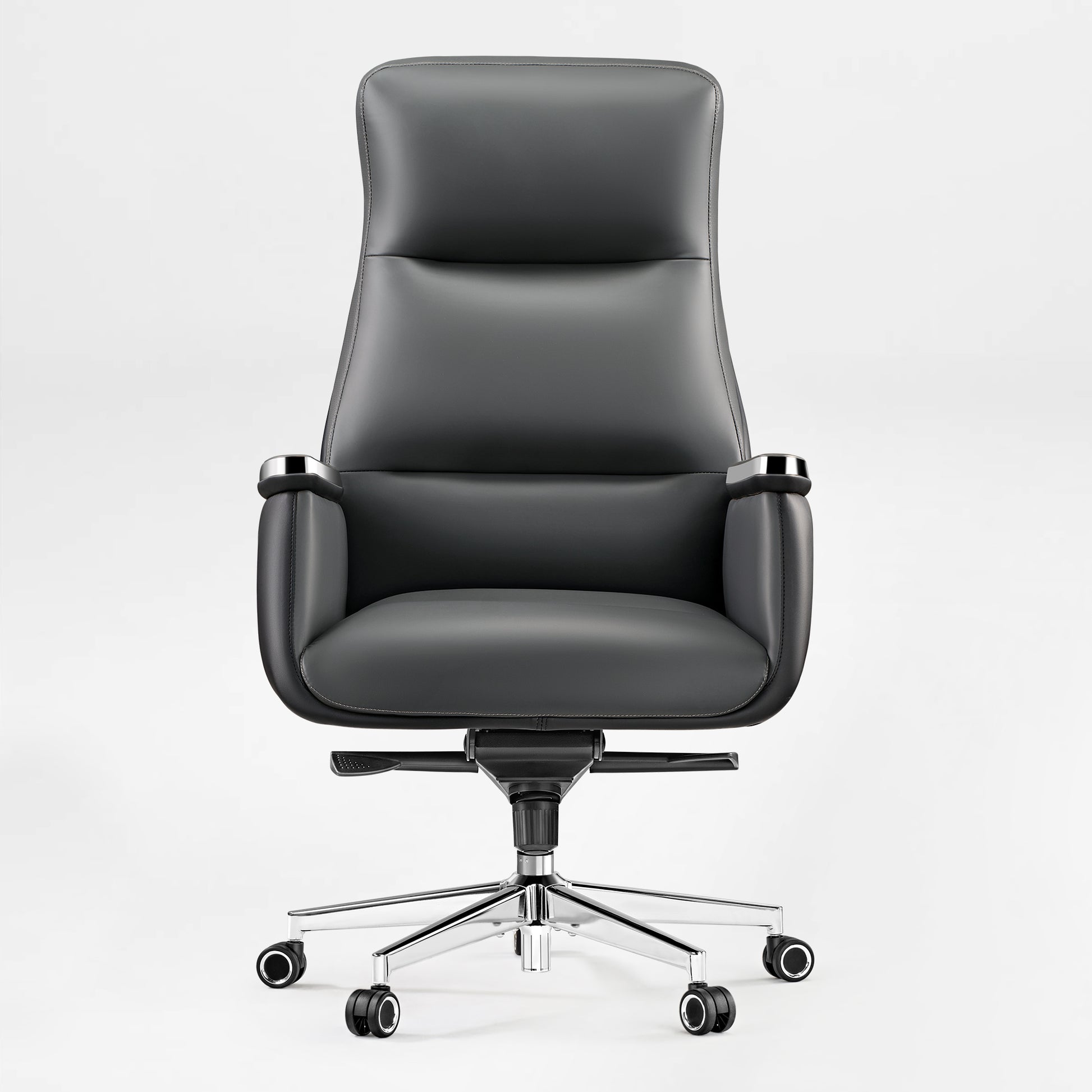 Royal II Executive Ergonomic Office Chair - Black Leather, Ergonomic Design, and Silver Trim Accents.