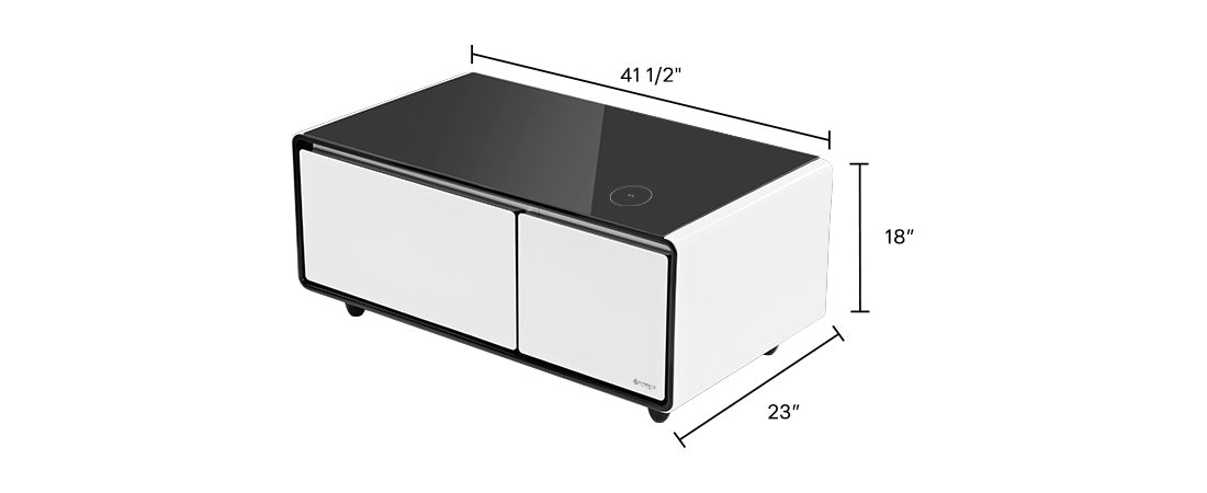 41 inch Black Smart Fridge Coffee Table with Bluetooth Speakers with Glass Top, Freezer and Fridge Full USB, Product Dimensions