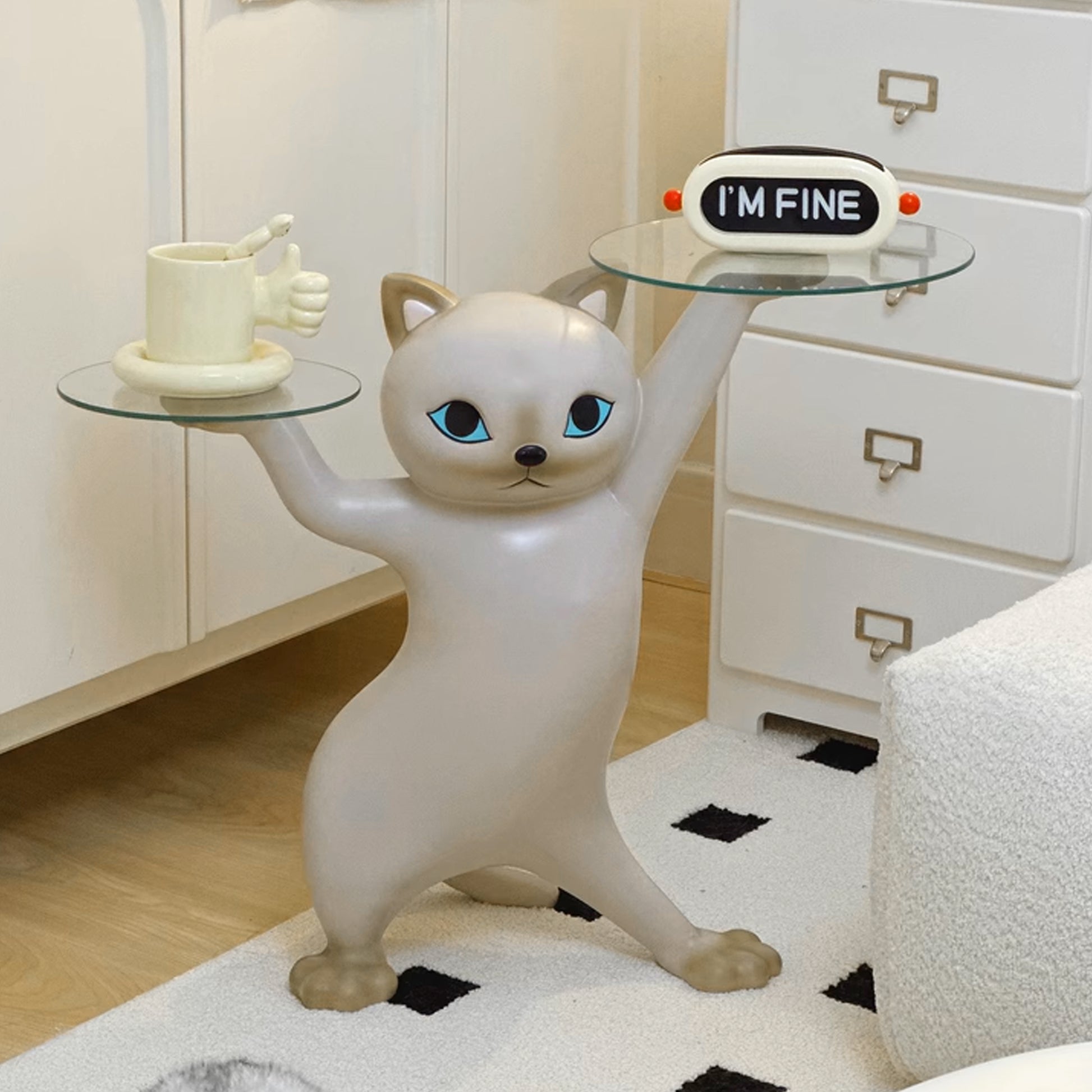 Enchanting Cat Side Table, Beige Cat Design With Dual Glass Trays and I'm Fine Sign, Home Decor.