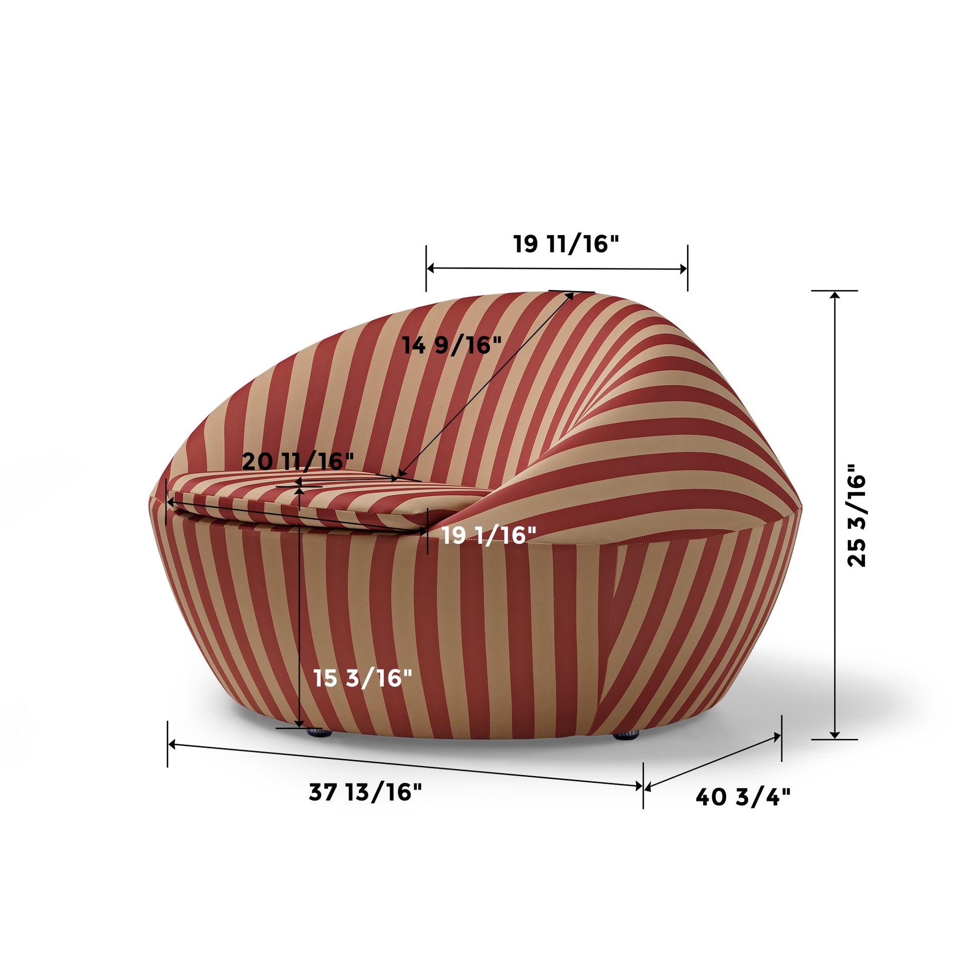 Red/Yellow and Blue/Yellow Stripe Modern Lounge Chair With Dimension Details, Designed for Comfort and Sustainable Luxury.