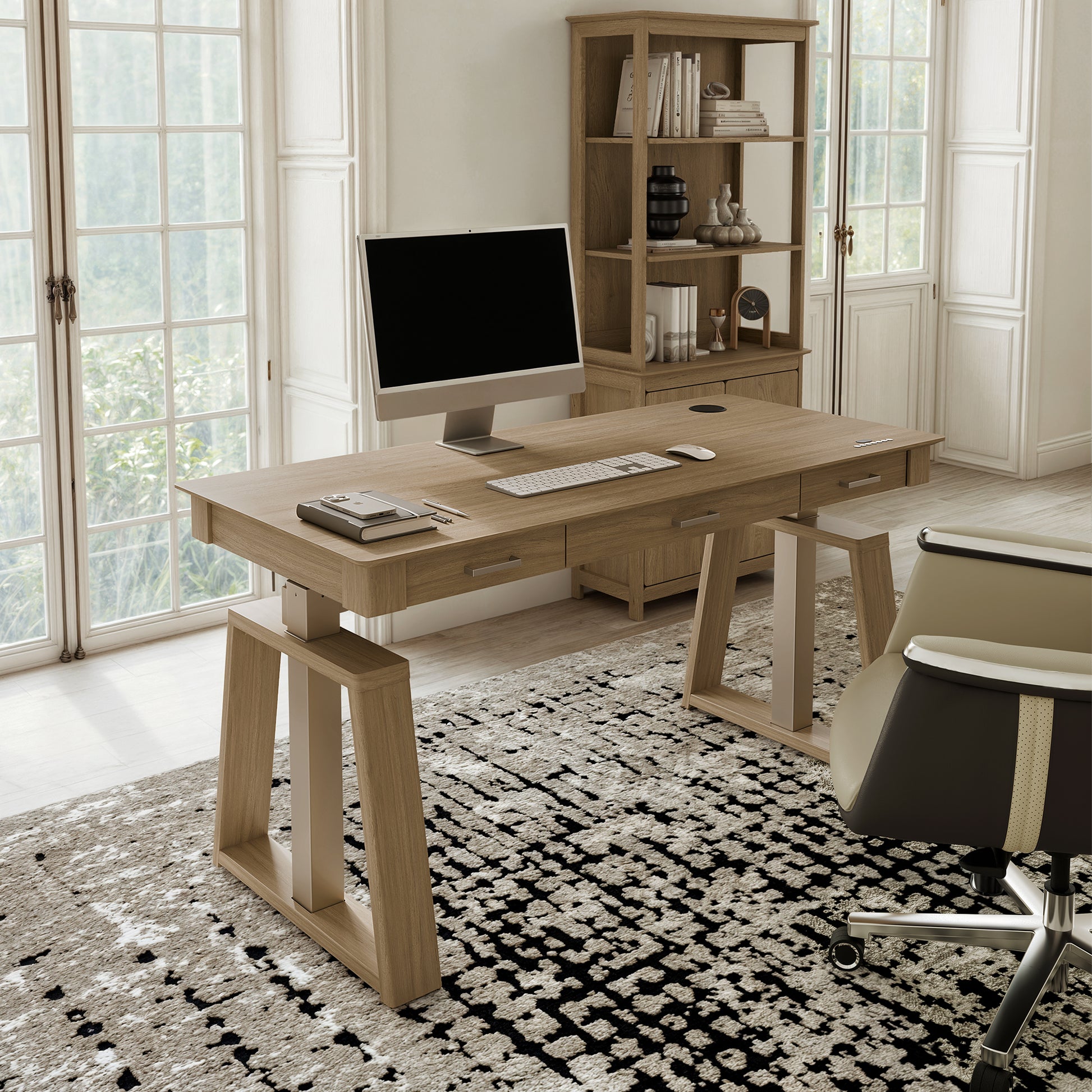 Eureka Ergonomic Ark El Executive Standing Desk, Oak Veneer, Modern Home Office Setup With Natural Light.