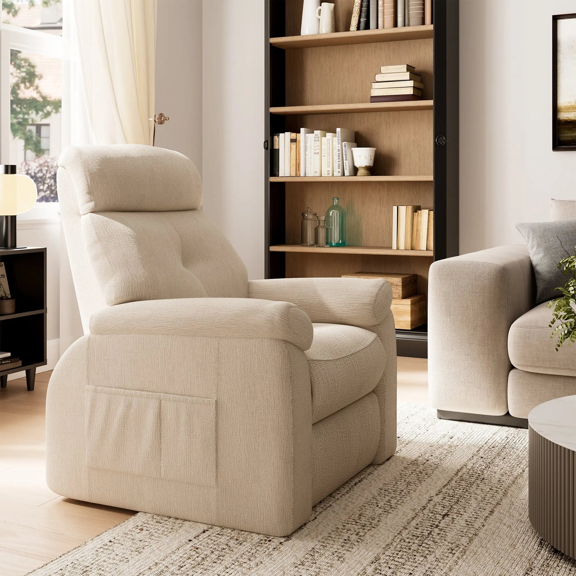 Beige Henry-Armrest Zero Gravity Recliner Chair in Living Room; Cotton-Linen Fabric, Pocket Detail.
