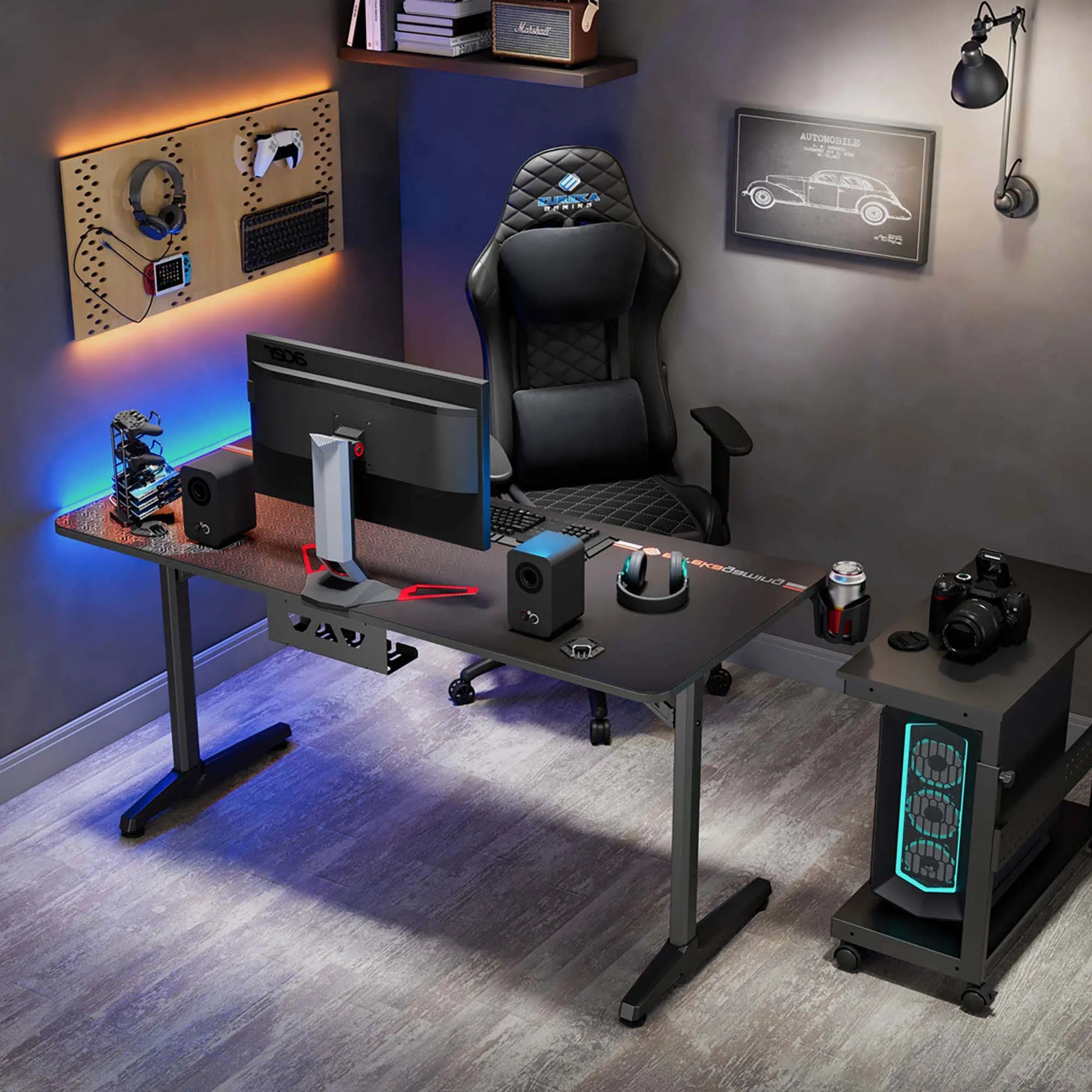Eureka Ergonomic Gip 60 Gaming Desk Setup With Accessories, Black Chair, and Pc Case.