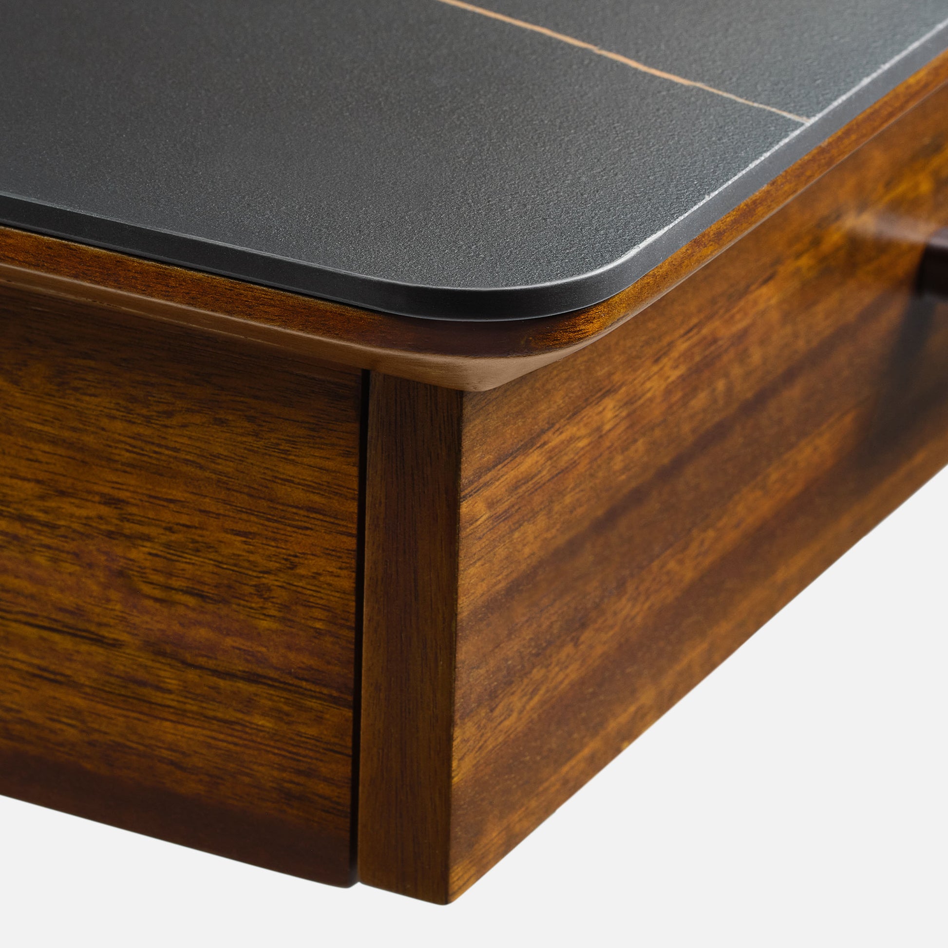 Ark Pro L-Shaped Desk Detail: Black Sintered Stone Top and Wood Frame, Luxury Desk Design.
