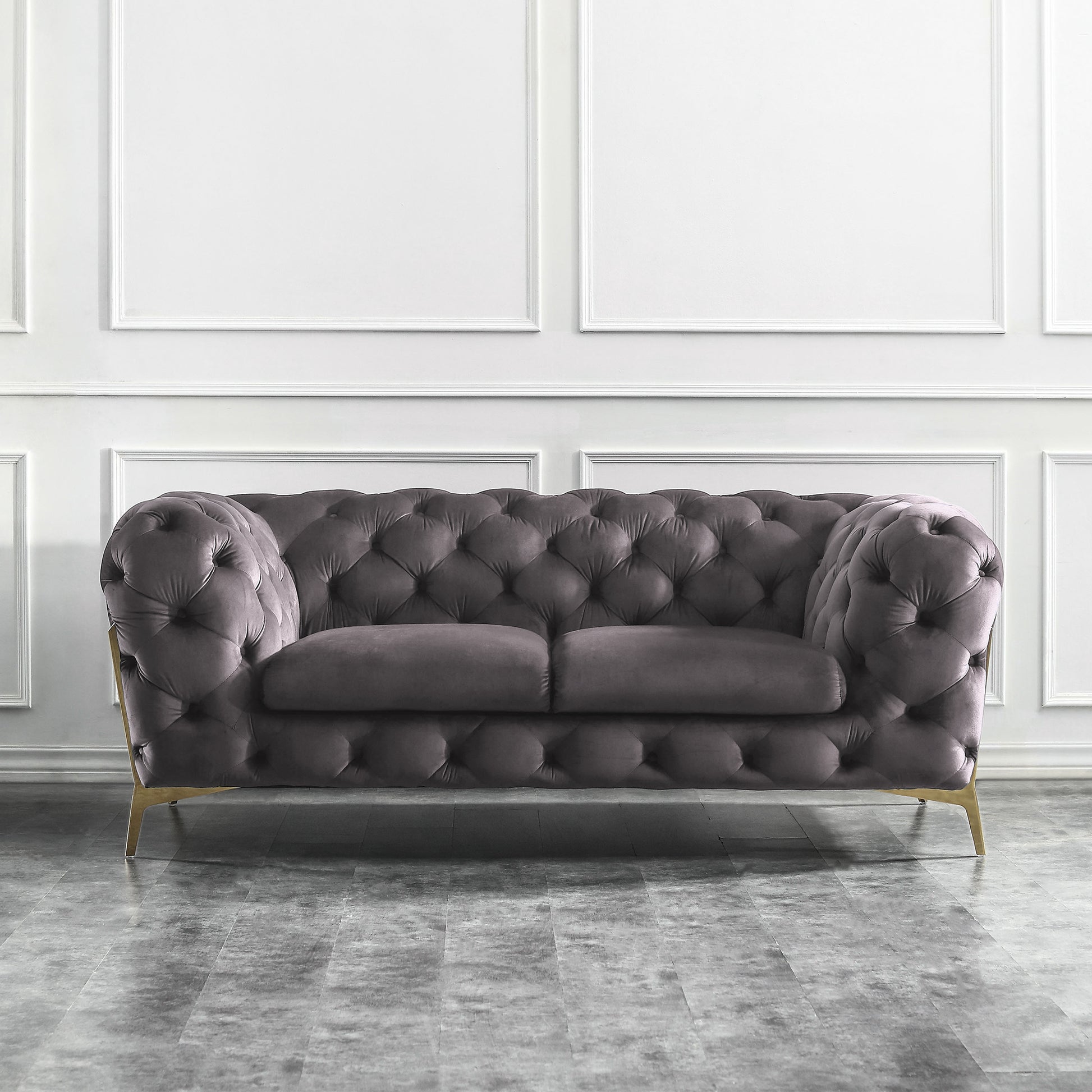 Beverly Loveseat Sofa in Gray Velvet With Rose Gold Legs. Luxury Modern Living Room Furniture.