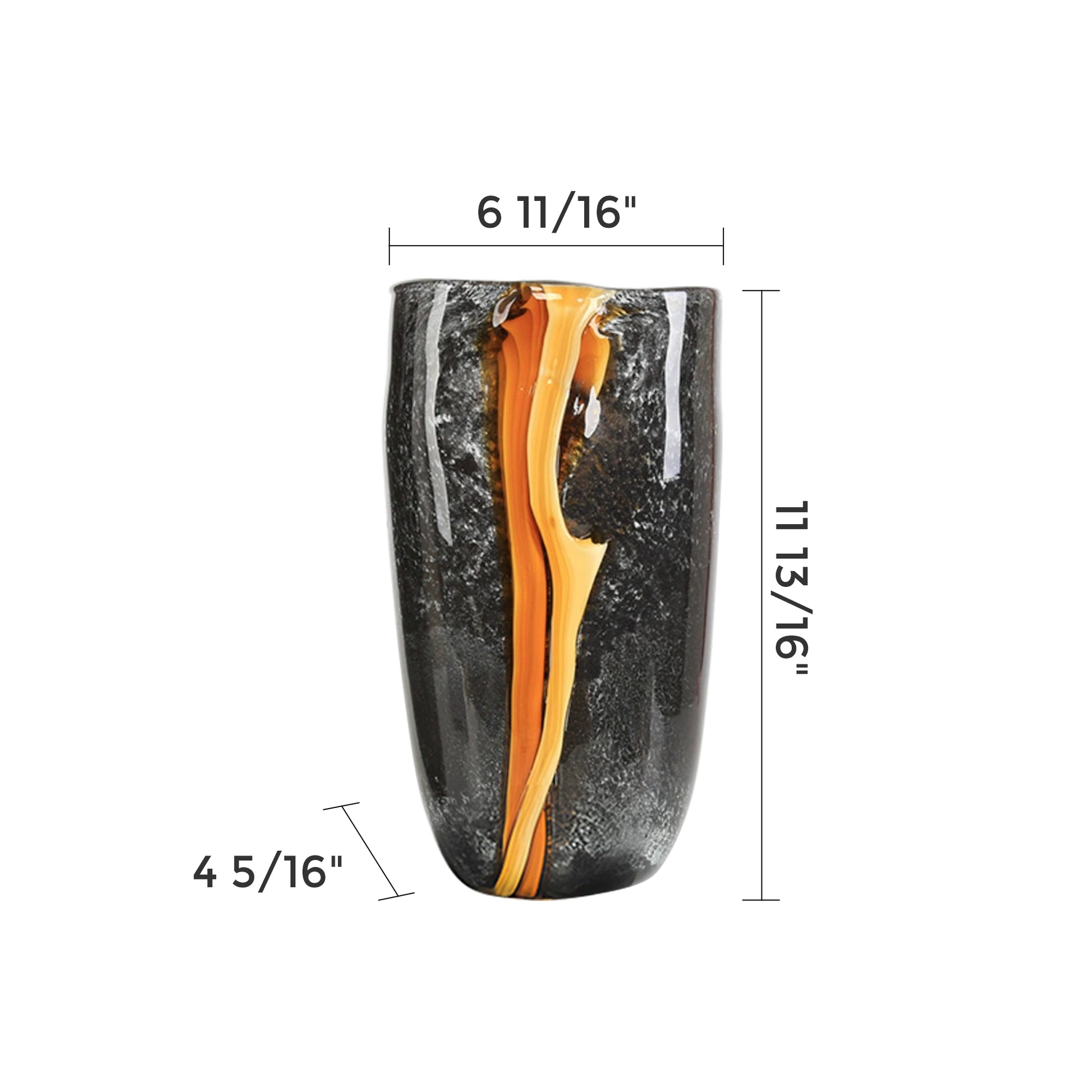 HD03 Glass Vase DéCor With Golden Streak. Black Glass Vase With Dimensions Labeled. Modern Home DéCor Accessory.