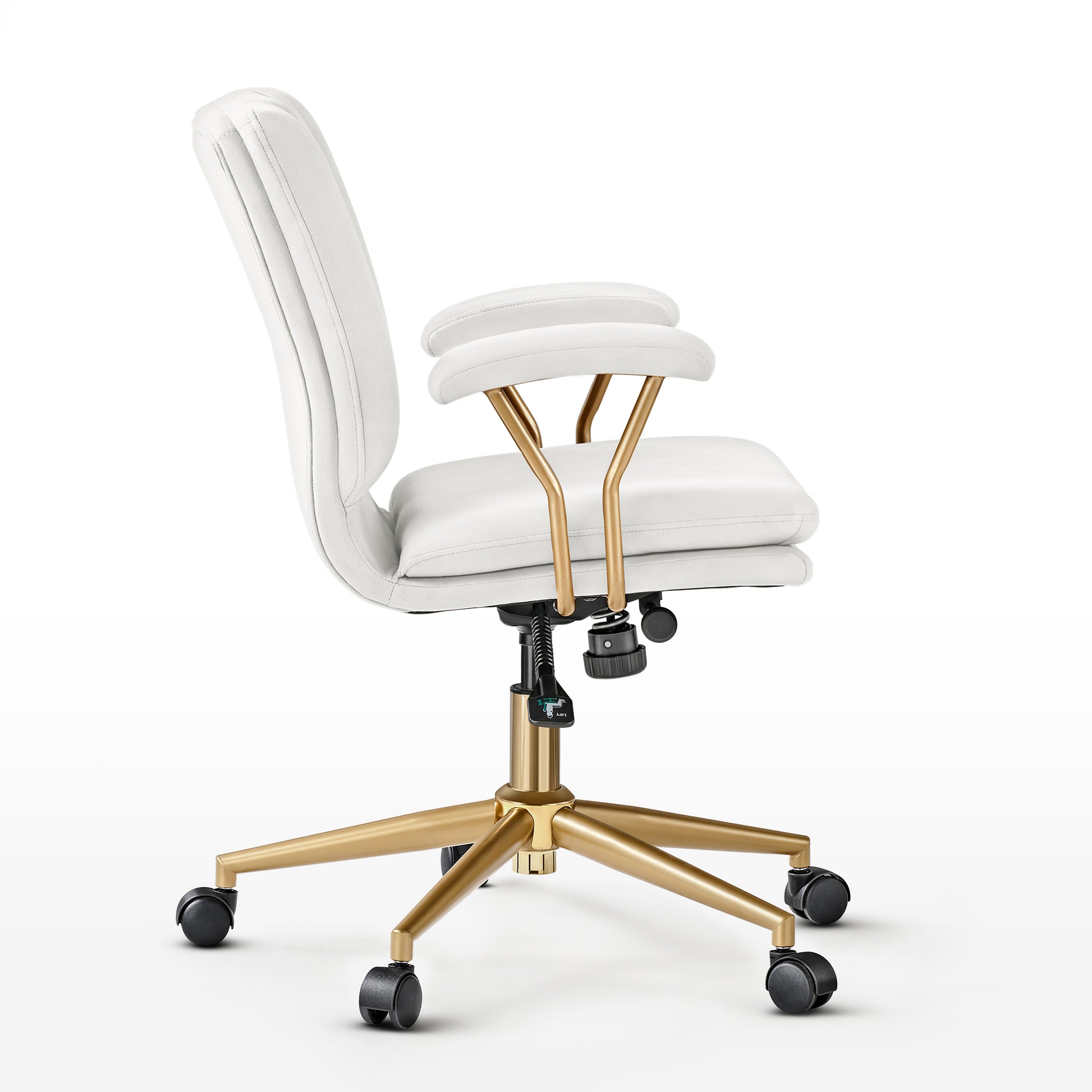 Adena Velvet Office Chair With White Velvet Upholstery and Gold Base, Modern Office Chair,Side View.