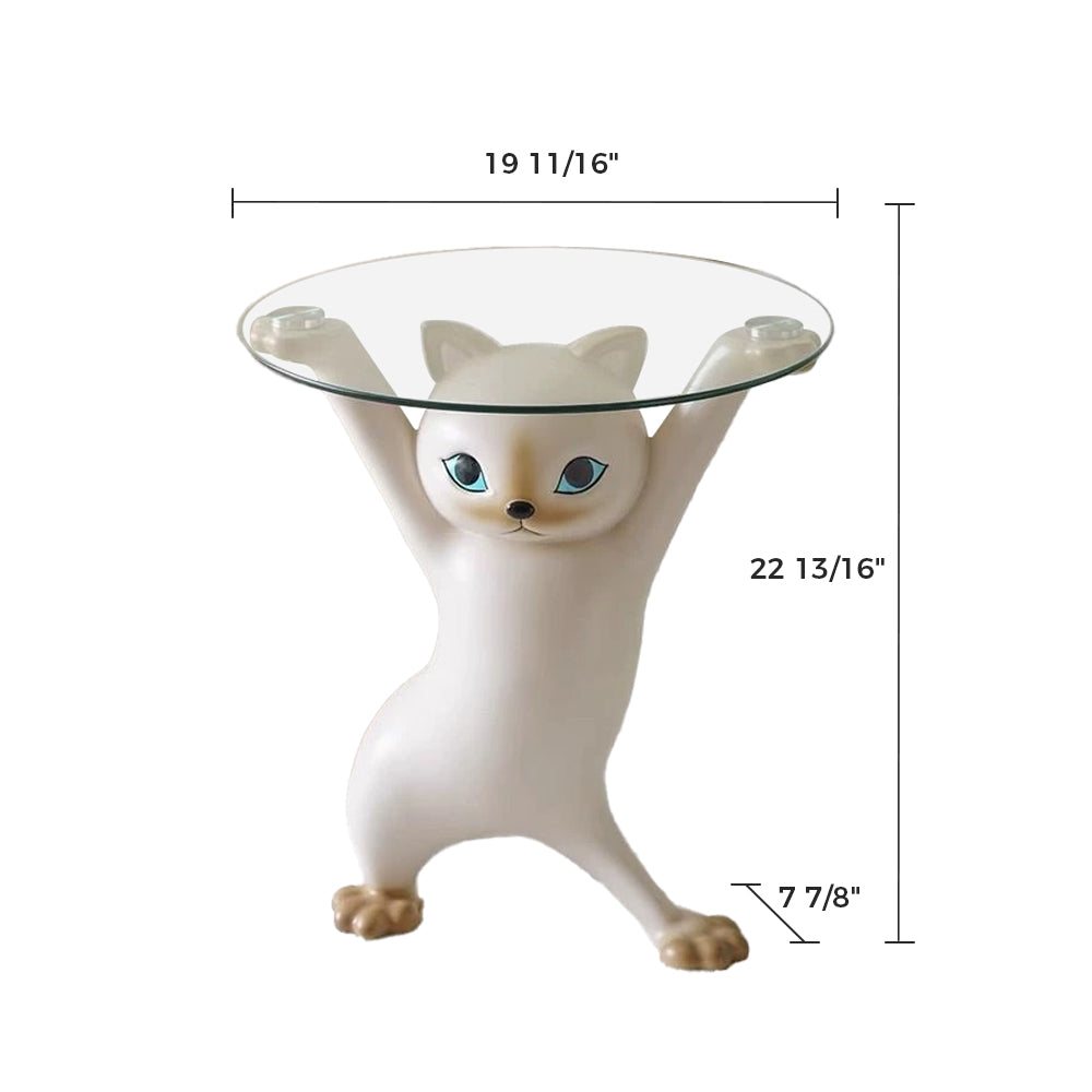Enchanting Cat Side Table With Clear Glass Top, Off-White Cat Design, Stylish Home Decor.