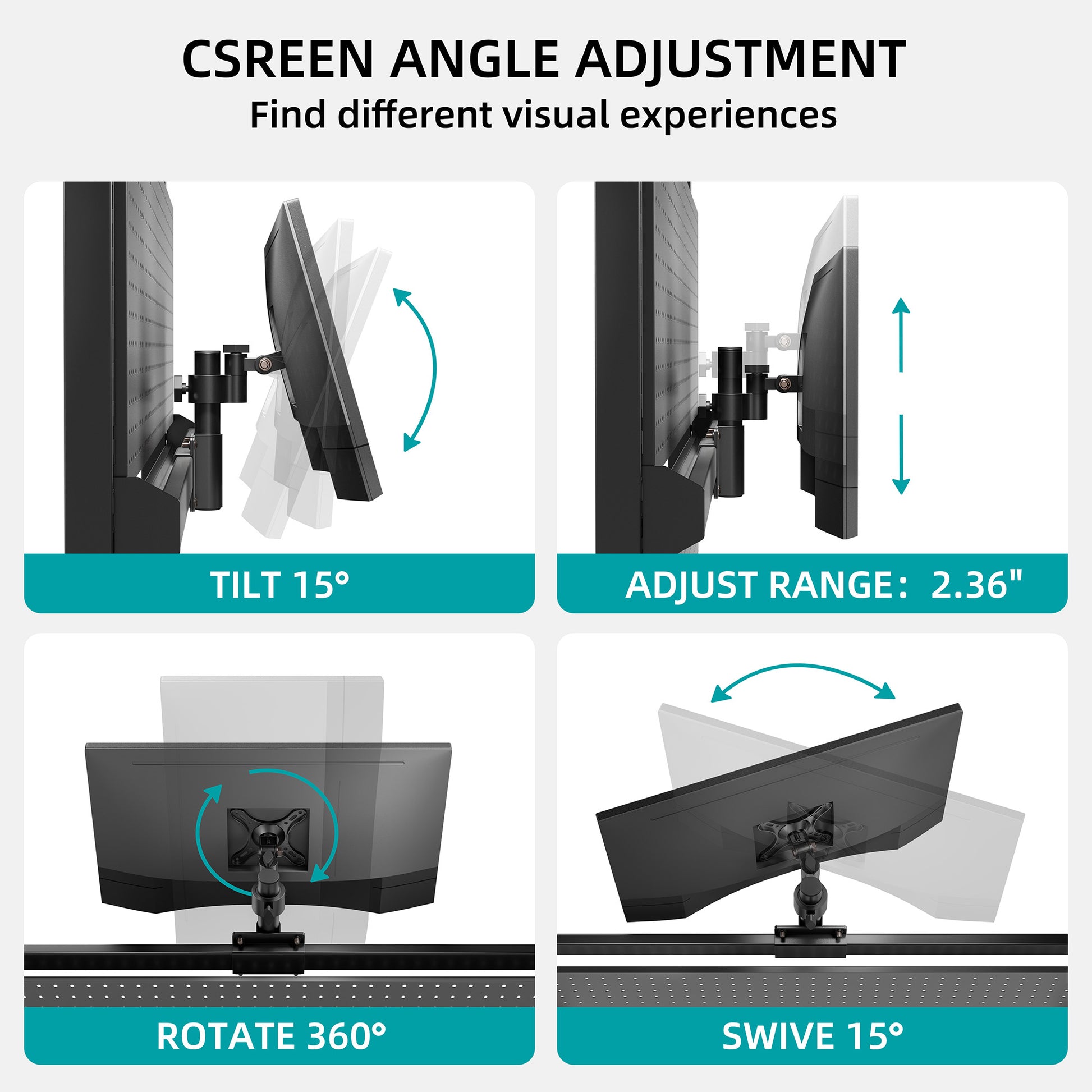 Aegispeg Board Screen Angle Adjustment: Tilt 15°, Adjust Range 2.36, Rotate 360°, and Swivel 15° for Optimal Viewing.