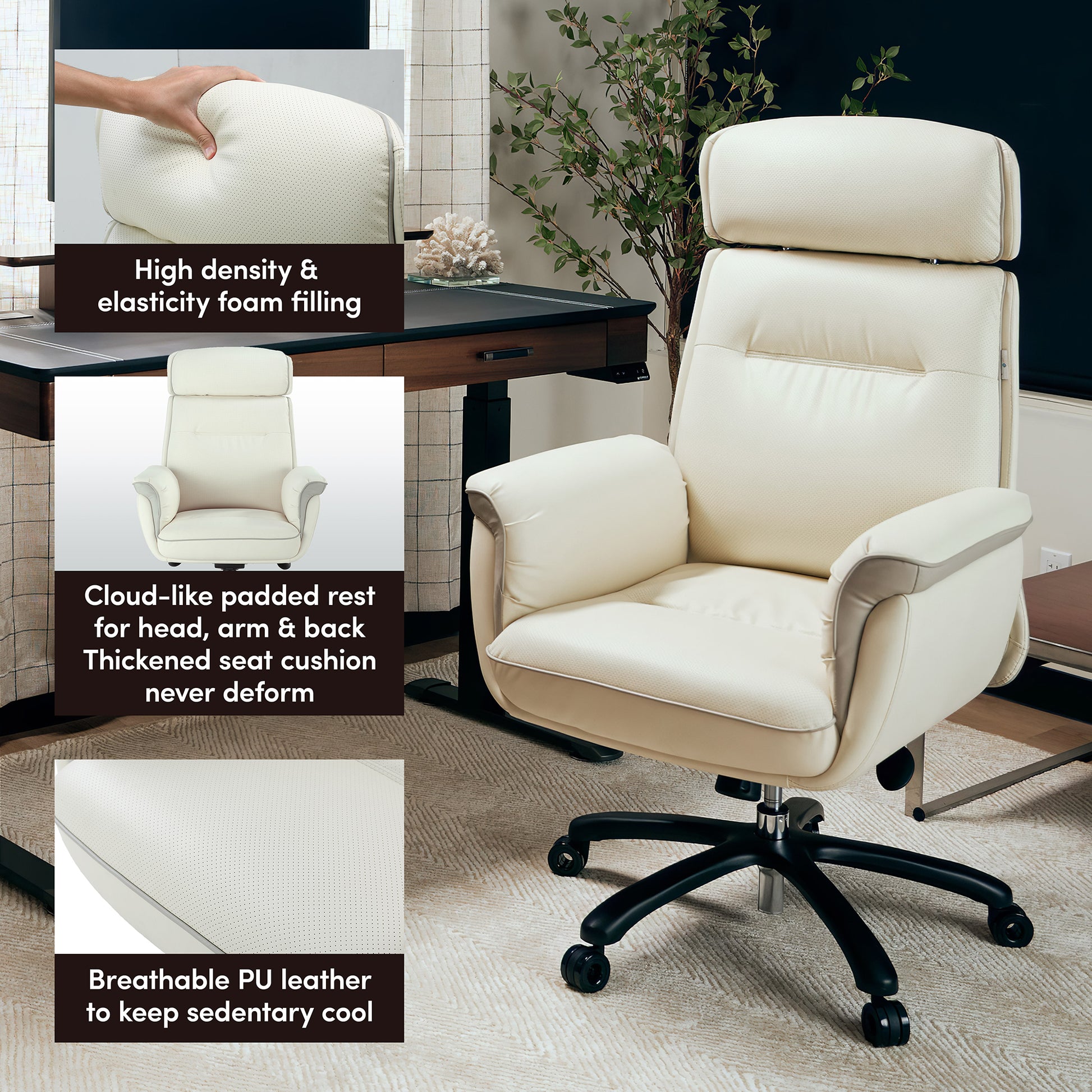 Eureka Royal, comfy leather executive office chair with high back and lumbar support, Beige White, Executive Office, High Density & Elasticity Foam Filling, Breathable PU Leather