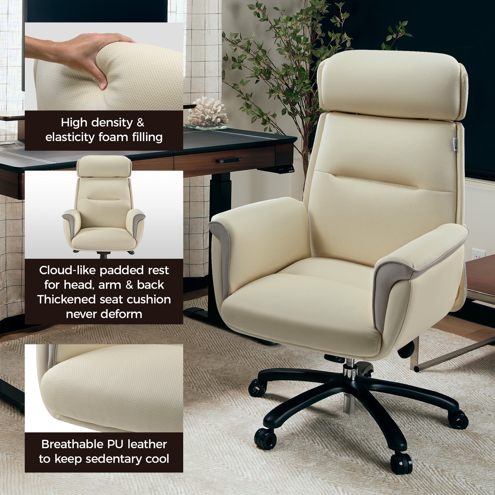 Royal Executive Office Chair With Beige Microfiber Leather, Ergonomic Design and Comfort Features.