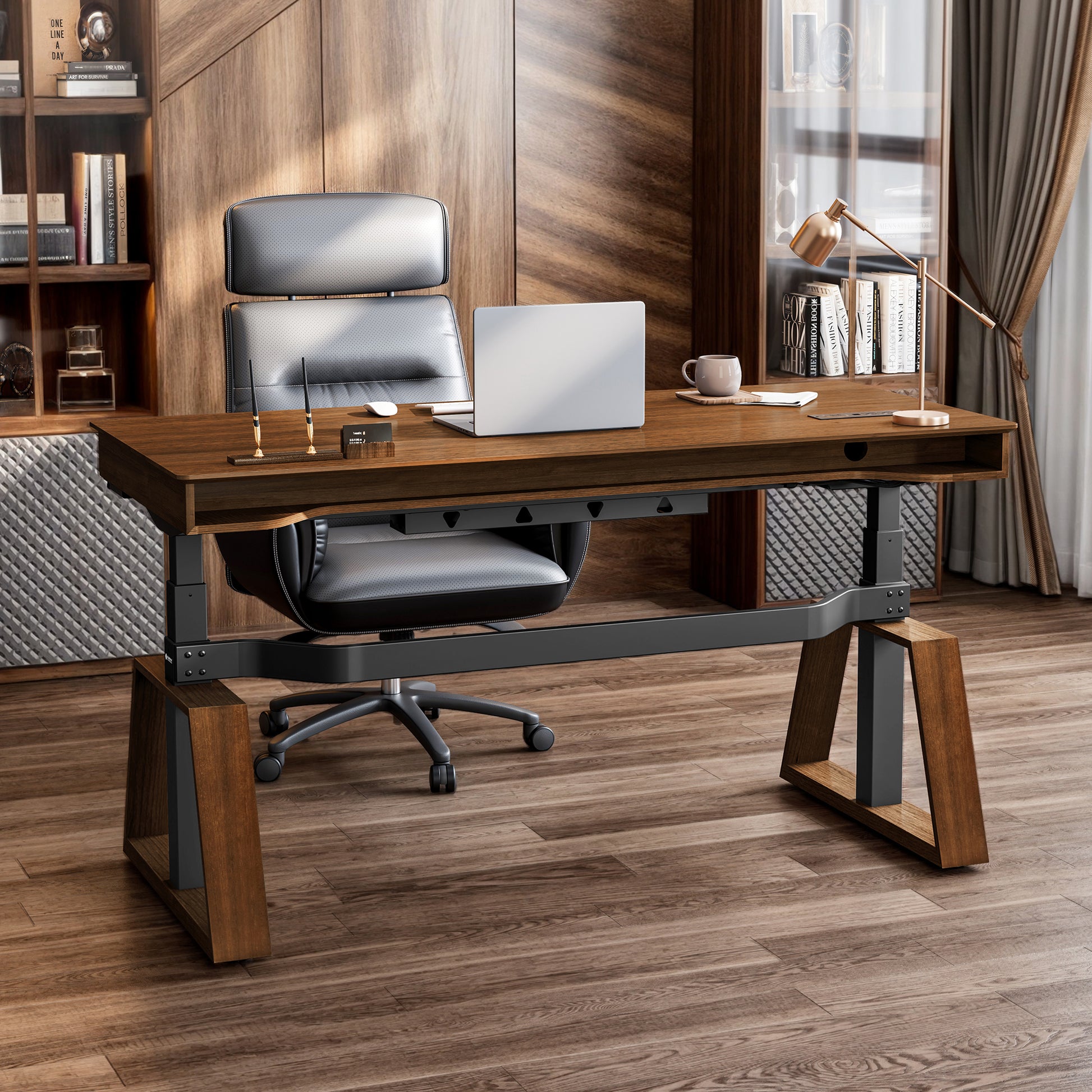 Eureka Ergonomic Ark Executive Standing Desk in Walnut Finish, Modern Home Office Setup.