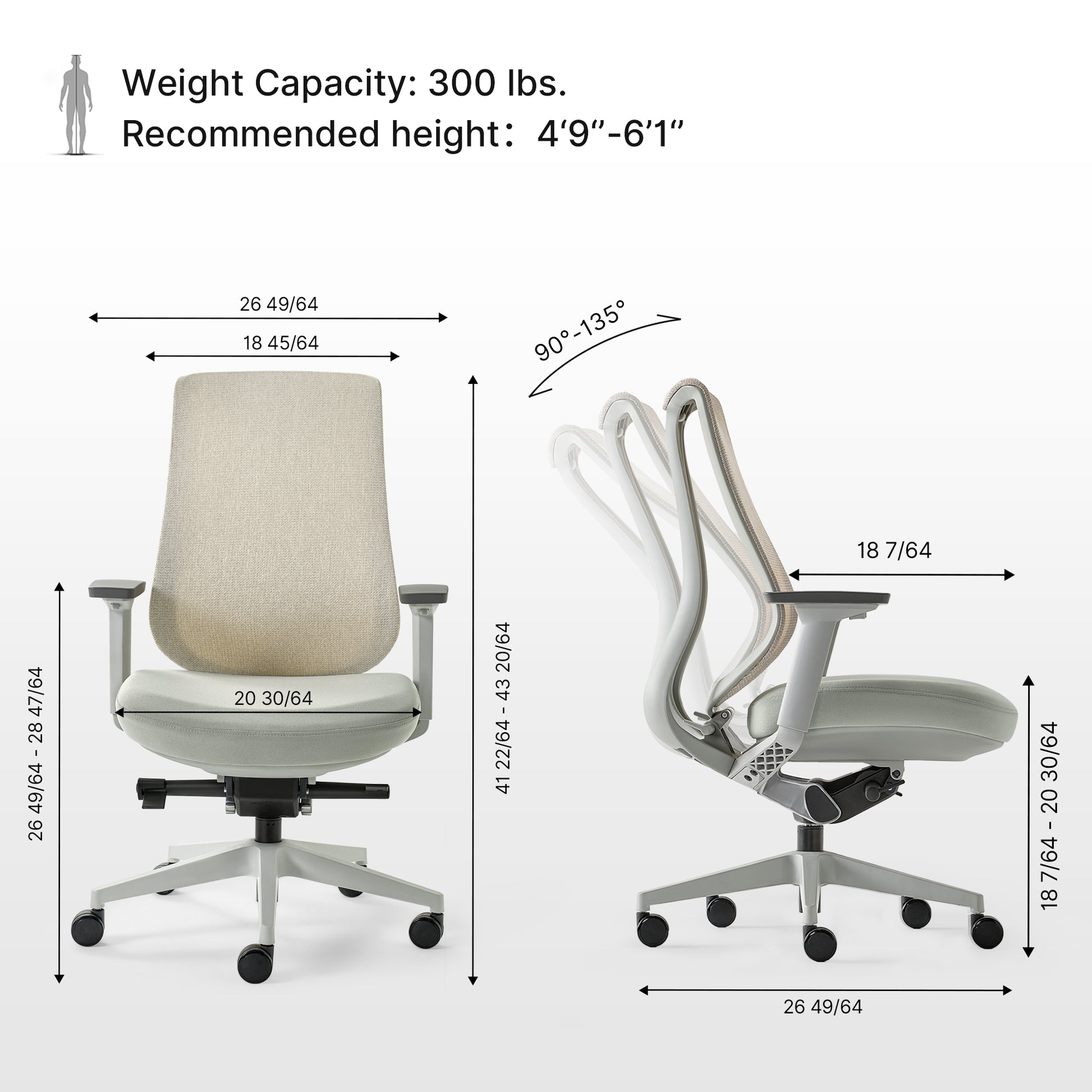 Eureka Ergonomic Lira ergonomic chair specs: 300 lbs capacity, 4'9"-6'1" height. Dimensions shown: seat width, backrest, height range.