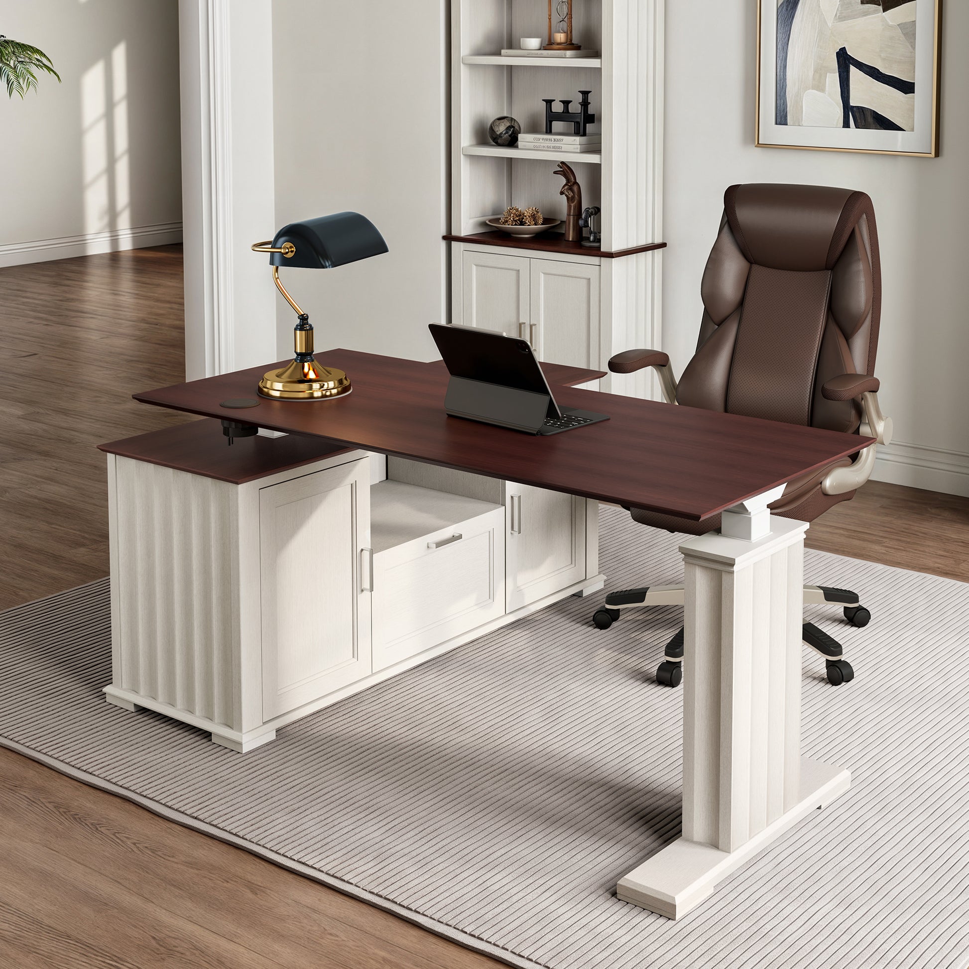 Eureka Ark Es Executive Standing Desk With Mahogany Veneer and White Base in Stylish Home Office; Ergonomic Desk Chair.