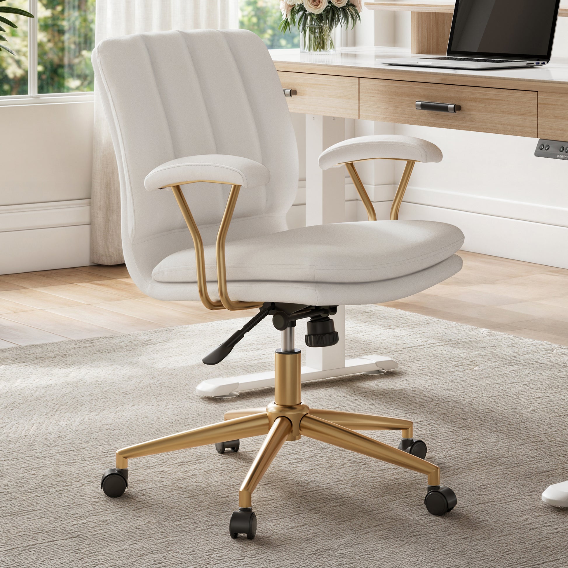 Adena Velvet Office Chair in White With Gold Base, Modern Home Office Design.