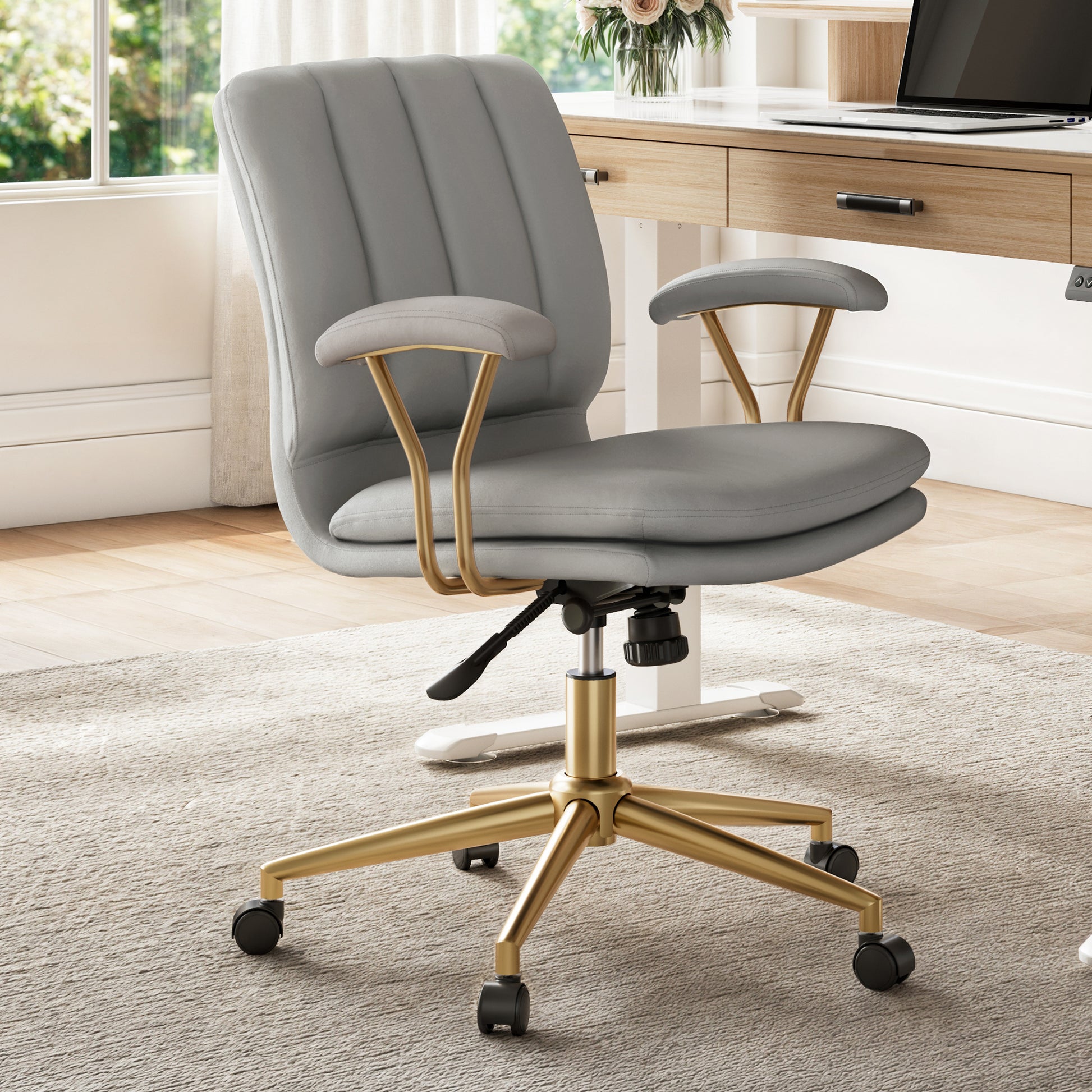 Adena Velvet Office Chair in Gray Velvet With Gold Base, Modern Office Furniture.