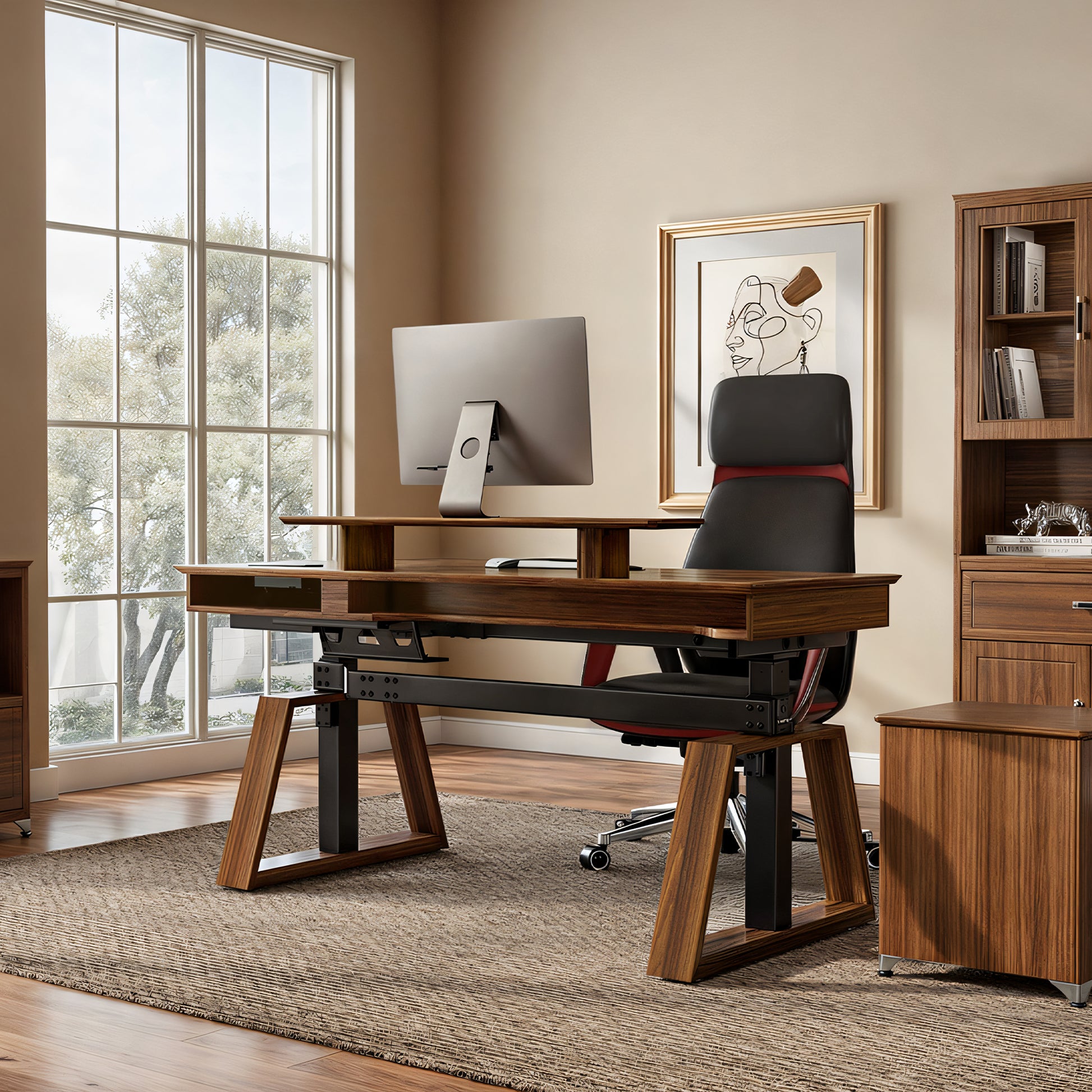 Walnut Ark Pro Standing Desk in a Home Office Setting With Ergonomic Chair and Matching Cabinetry.