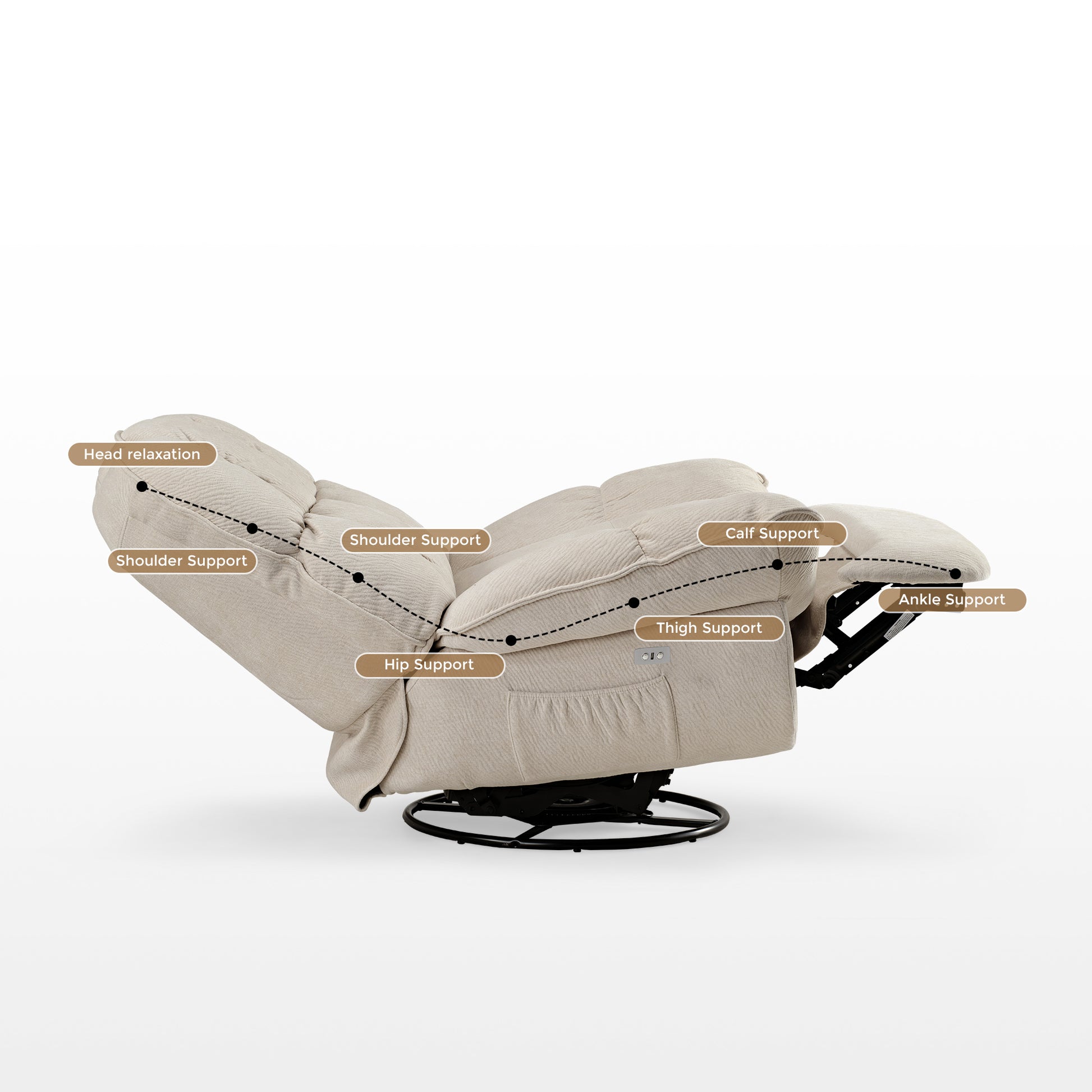 Grayson Power Recliner Ergonomic Chair Showing Head, Shoulder, Hip, Thigh, Calf, Ankle Support for Relaxation.