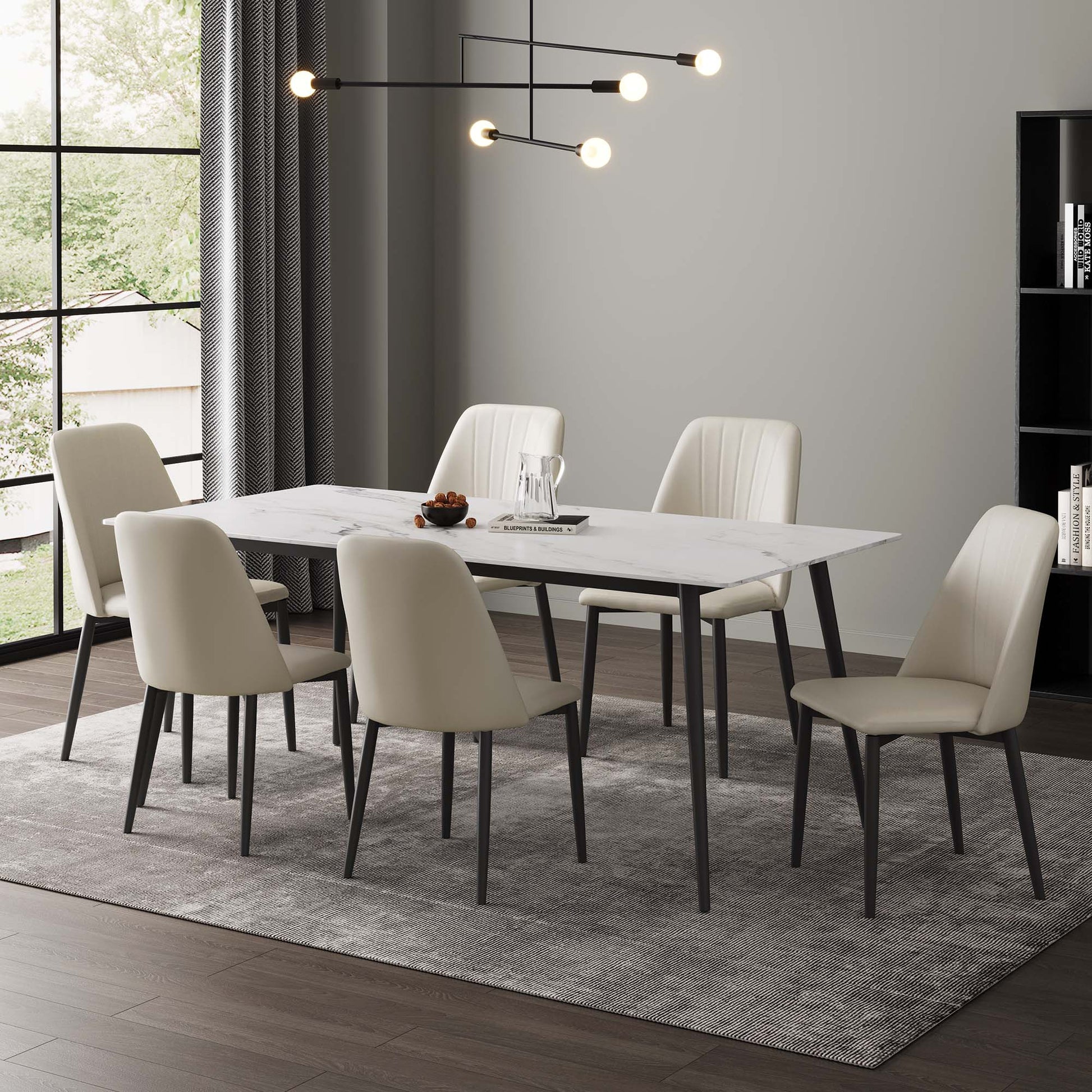 Off-White Upholstered Dining Chairs Set of 2 Around a Marble-Top Dining Table, Modern Dining Room Setting.