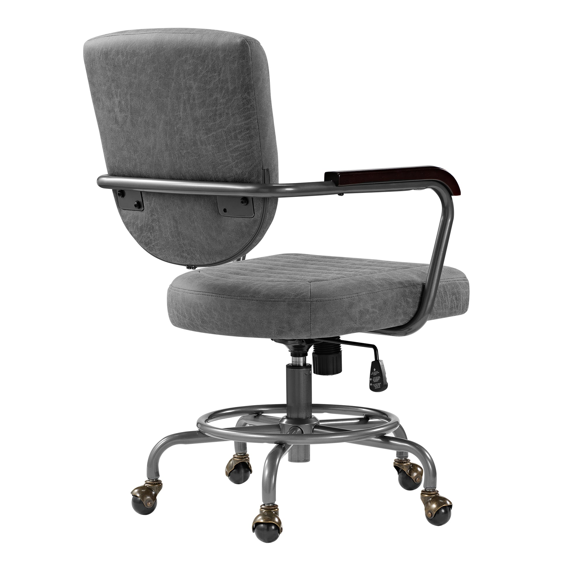 Cole Task Office Chair With Retro Gray Pu Leather, Solid Wood Arms and Rolling Casters. Ergonomic and Stylish Design.