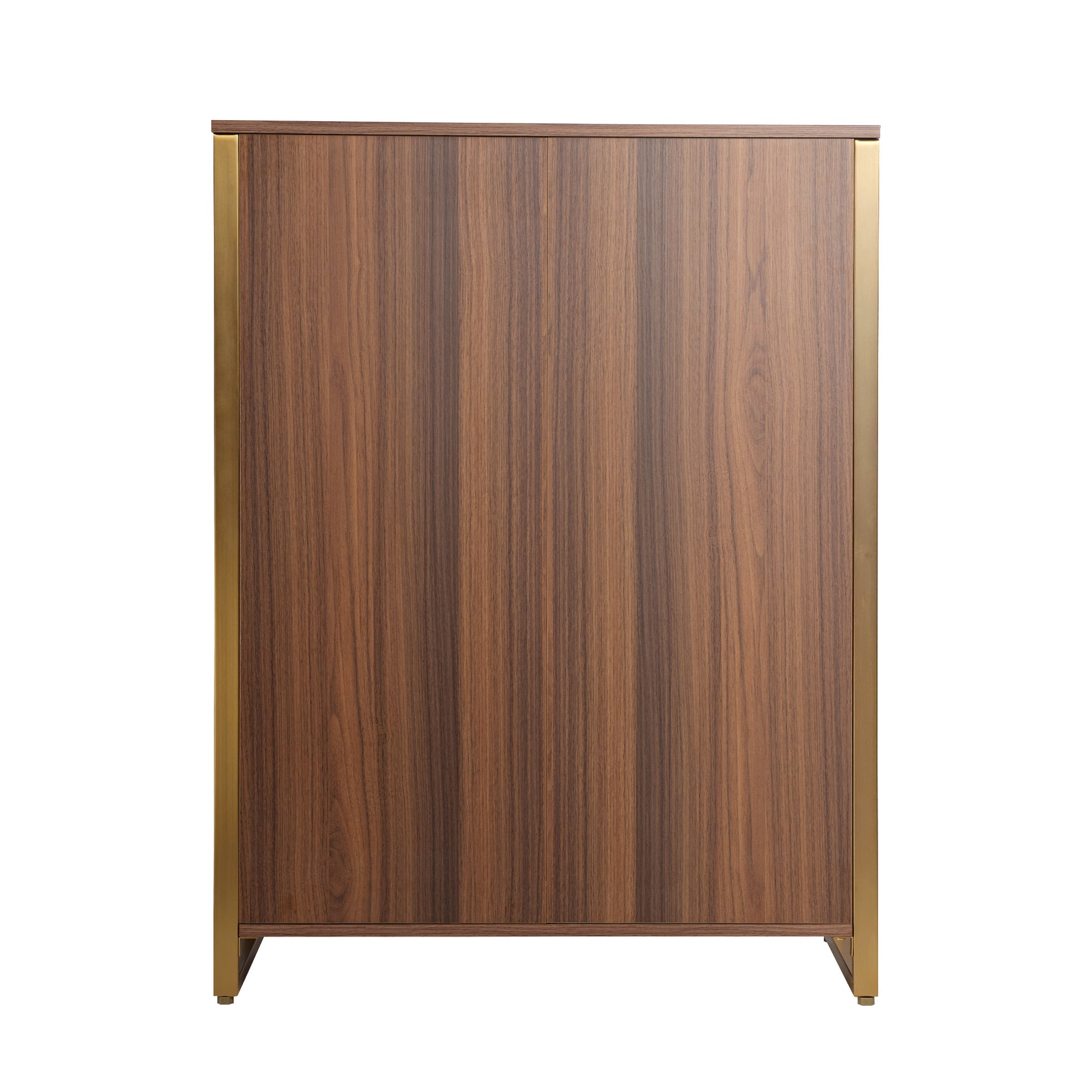 Modern Walnut Chest Dresser With Gold Frame and Wood Grain Detail. 42-Inch Bedroom Storage Cabinet.