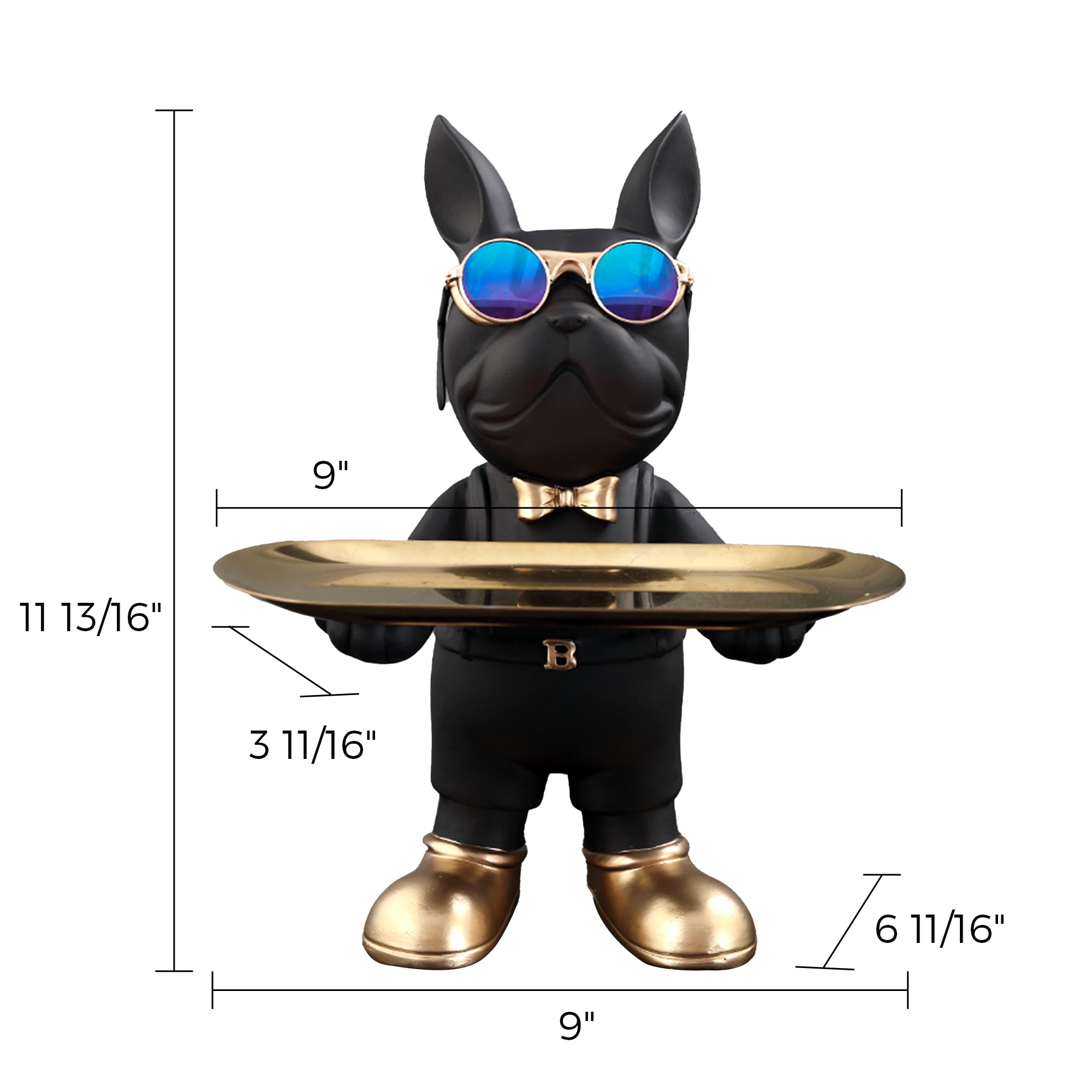 HD-14 Bulldog Statue Storage Tray Ornament, Black Resin With Gold Tray, Sunglasses, and Dimensions for Storage and Decor.