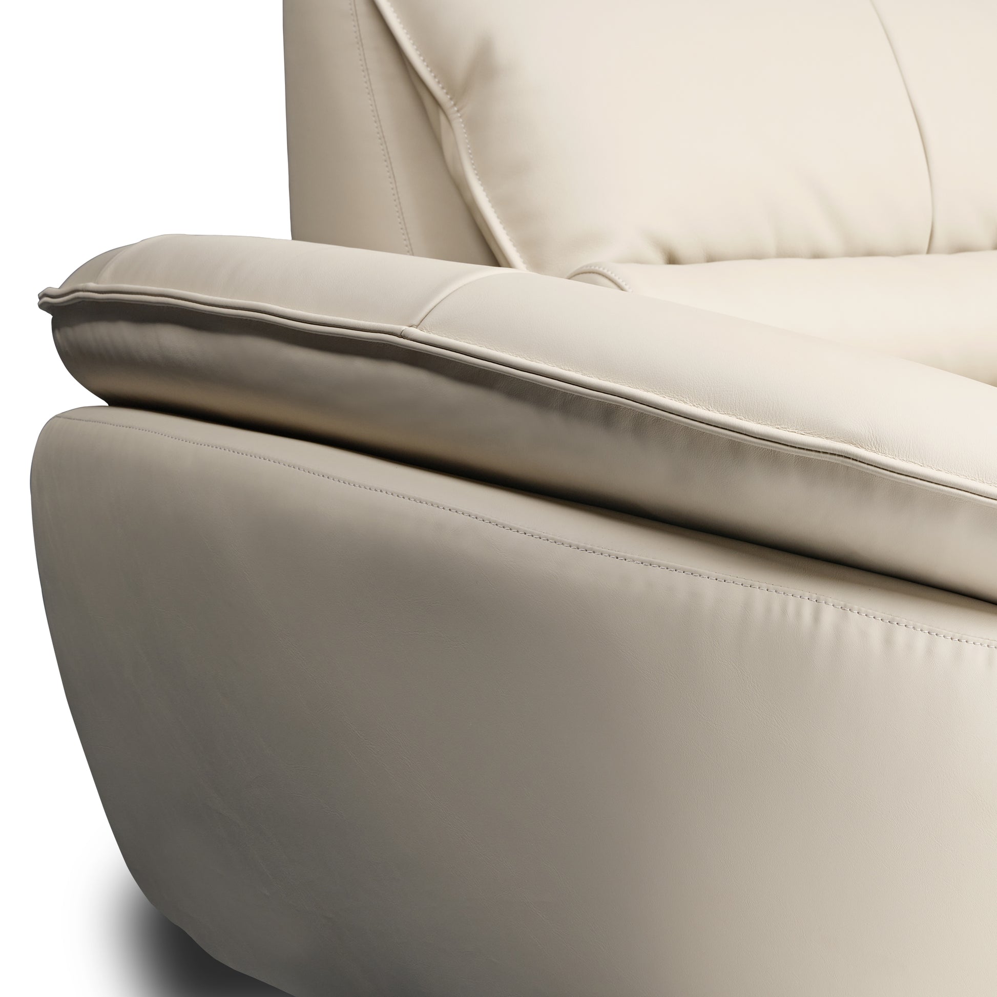 Close-Up of Beige Napa Leather Sofa Armrest, Showcasing Stitching and Ergonomic Design Details.