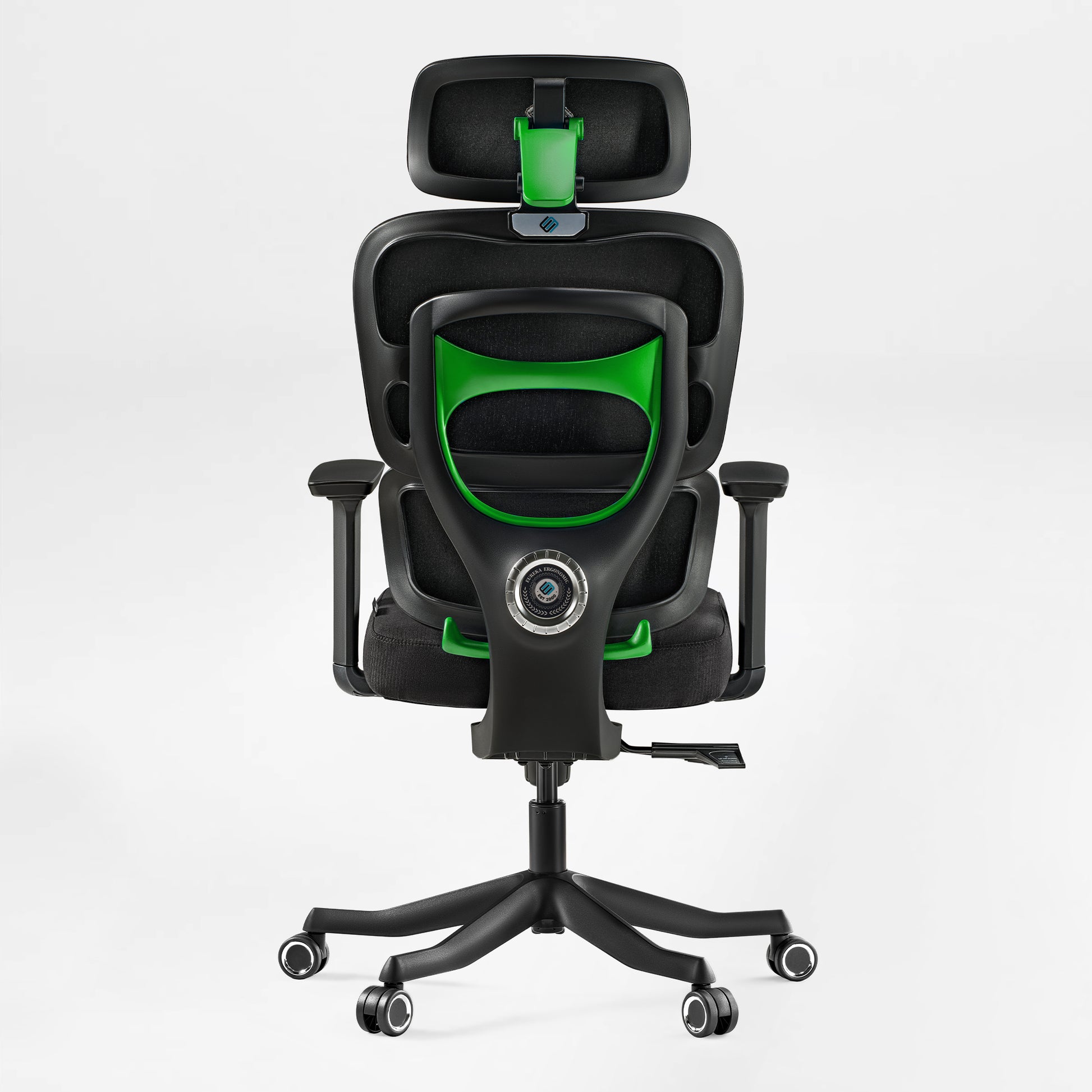 Axion back view of ergonomic gaming chair, green, fabric