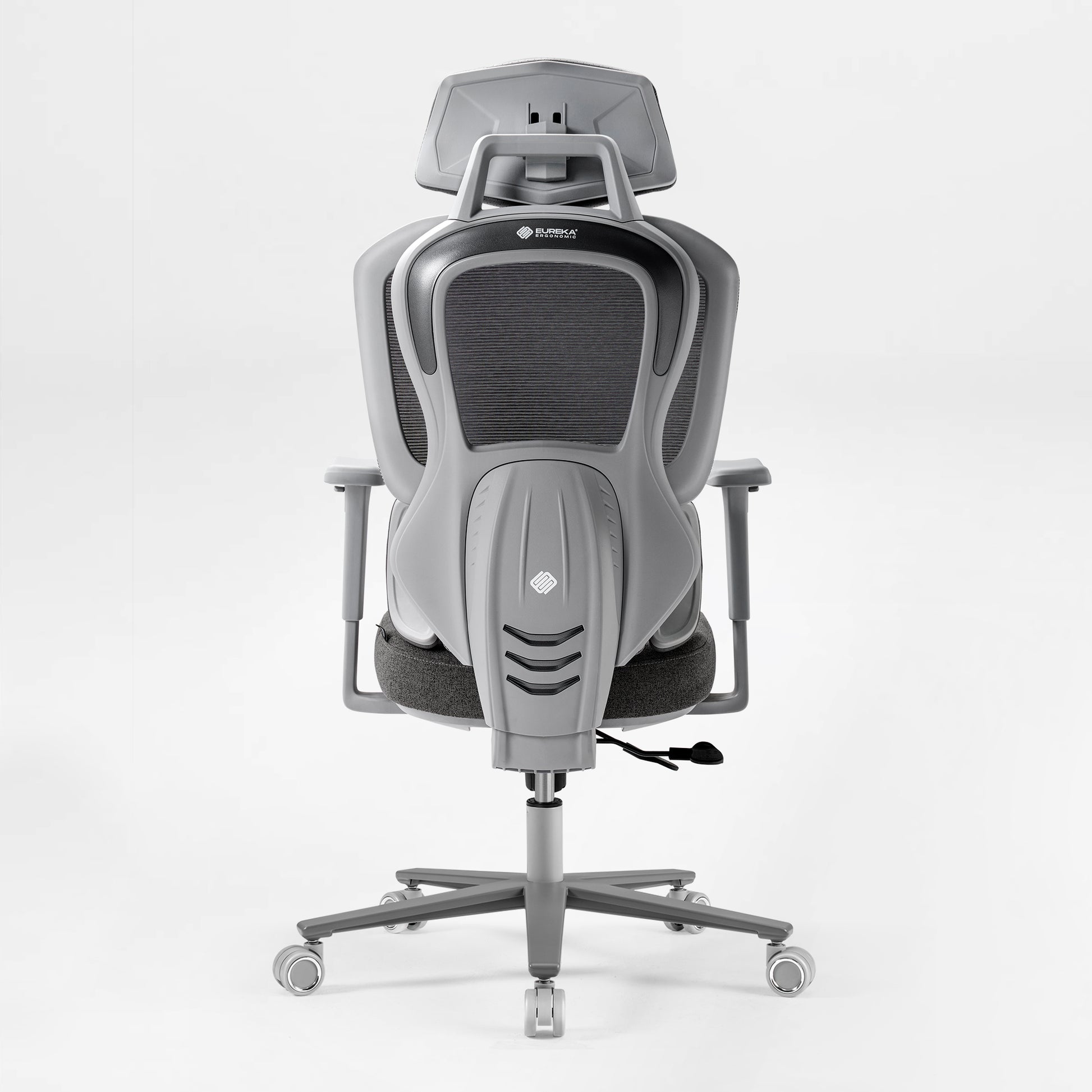 Gray office chair with headrest on a white background, gray