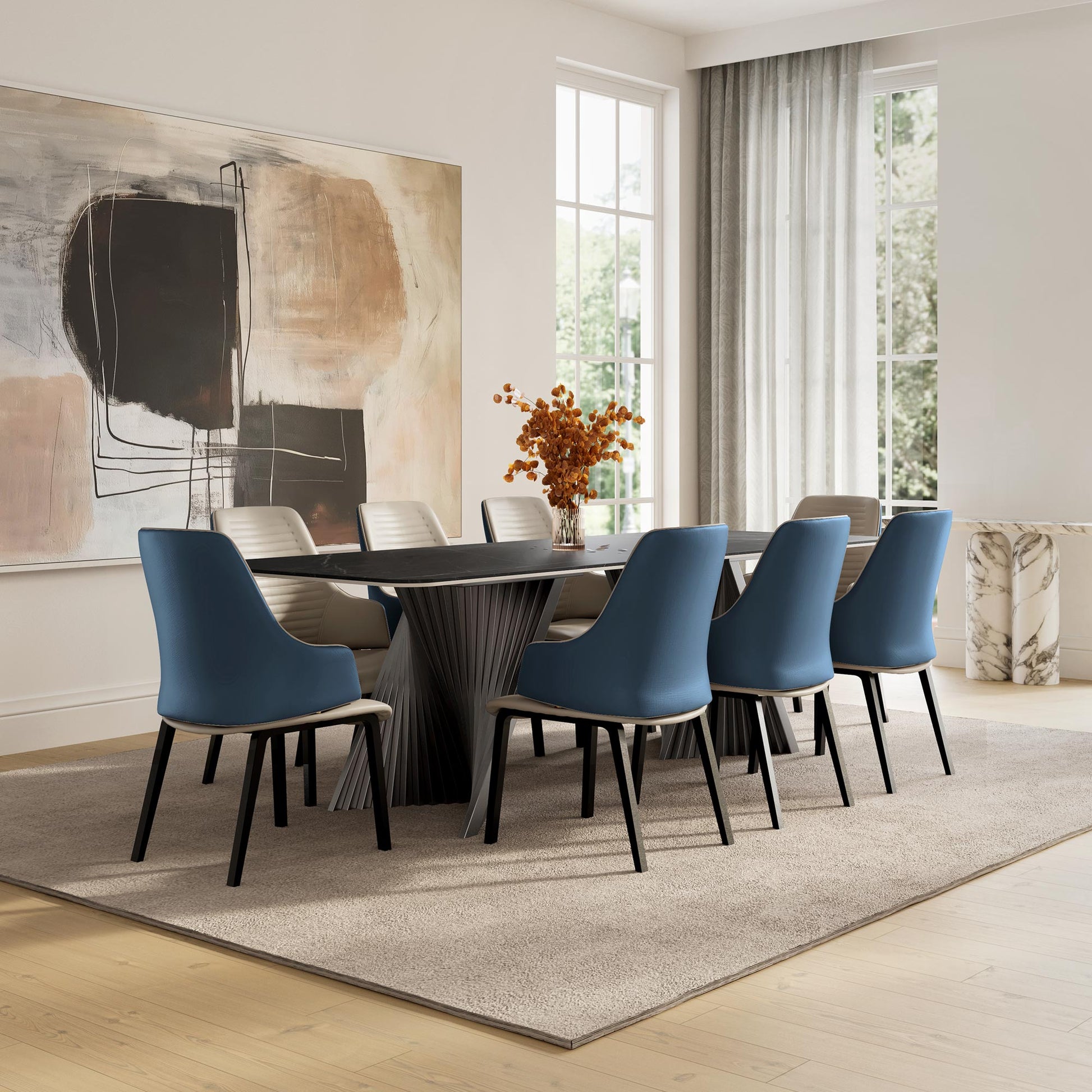 Juliet Dining Armchair Set of 2 - Modern Dining Room With Blue Armchairs Around Dark Marble Table.